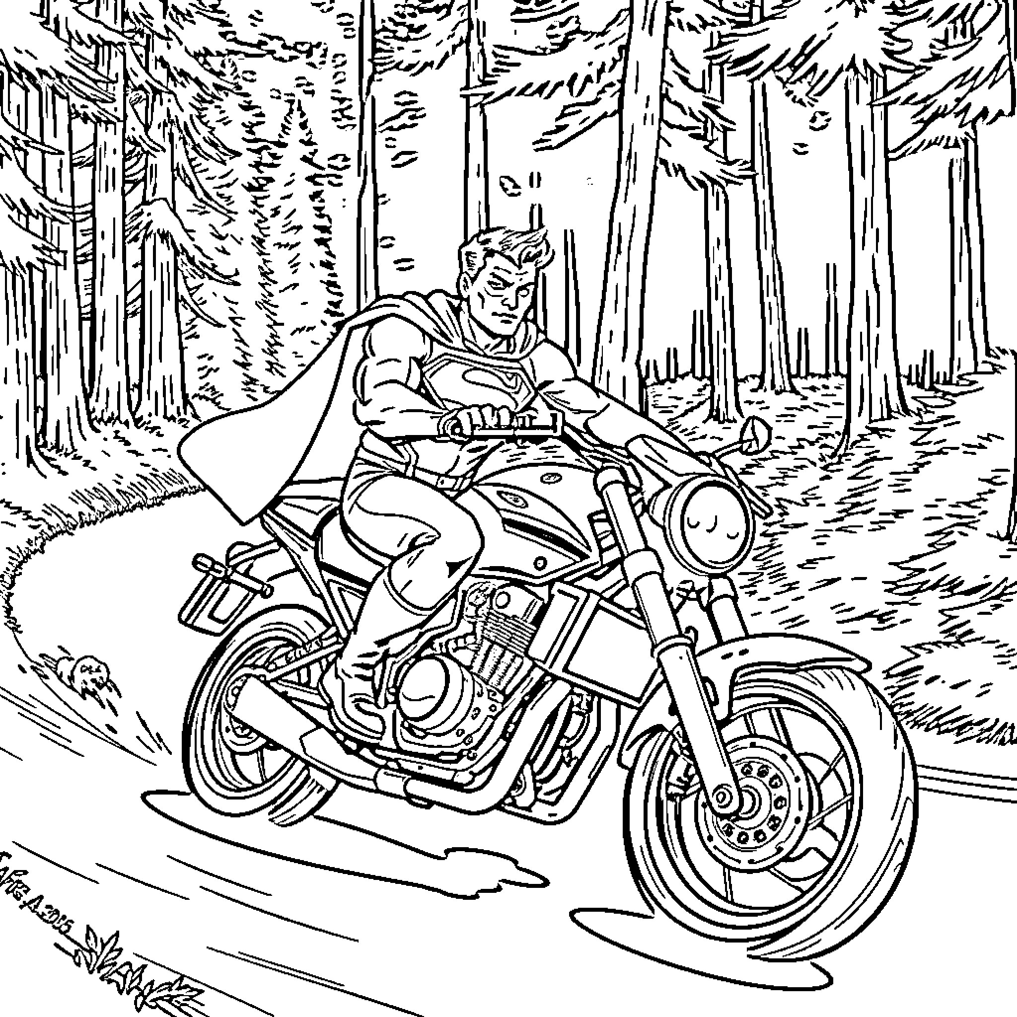 Superman racing through a forest on a motorcycle Coloring Page (free black-and-white line drawing printable PDF for all, from beginners to advanced learners, including children, teens, adults, and seniors)