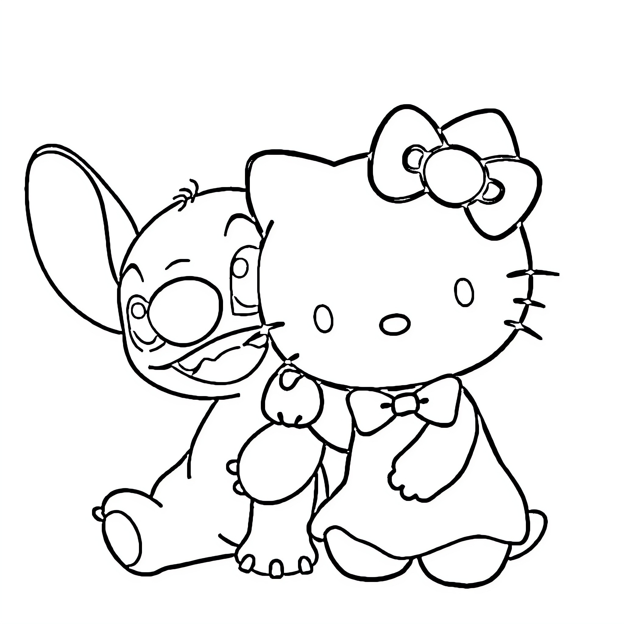 Hello Kitty playing with Stitch plush toy Coloring Page (free black-and-white line drawing printable PDF for all, from beginners to advanced learners, including children, teens, adults, and seniors)