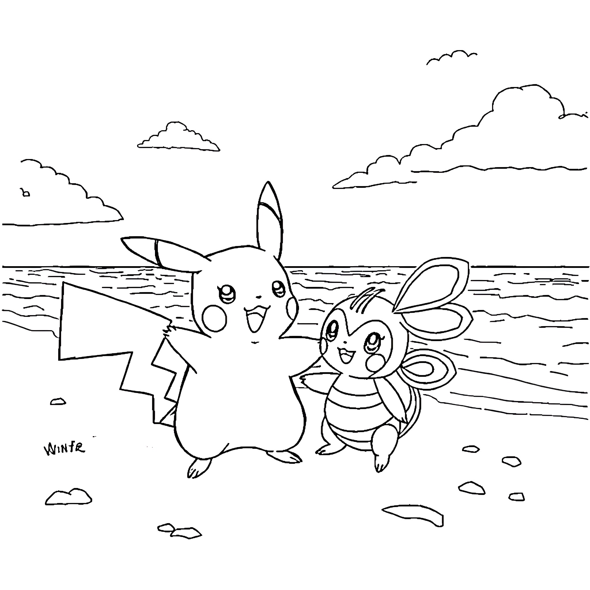 Pikachu and Buneary playing on the beach Coloring Page (free black-and-white line drawing printable PDF for all, from beginners to advanced learners, including children, teens, adults, and seniors)