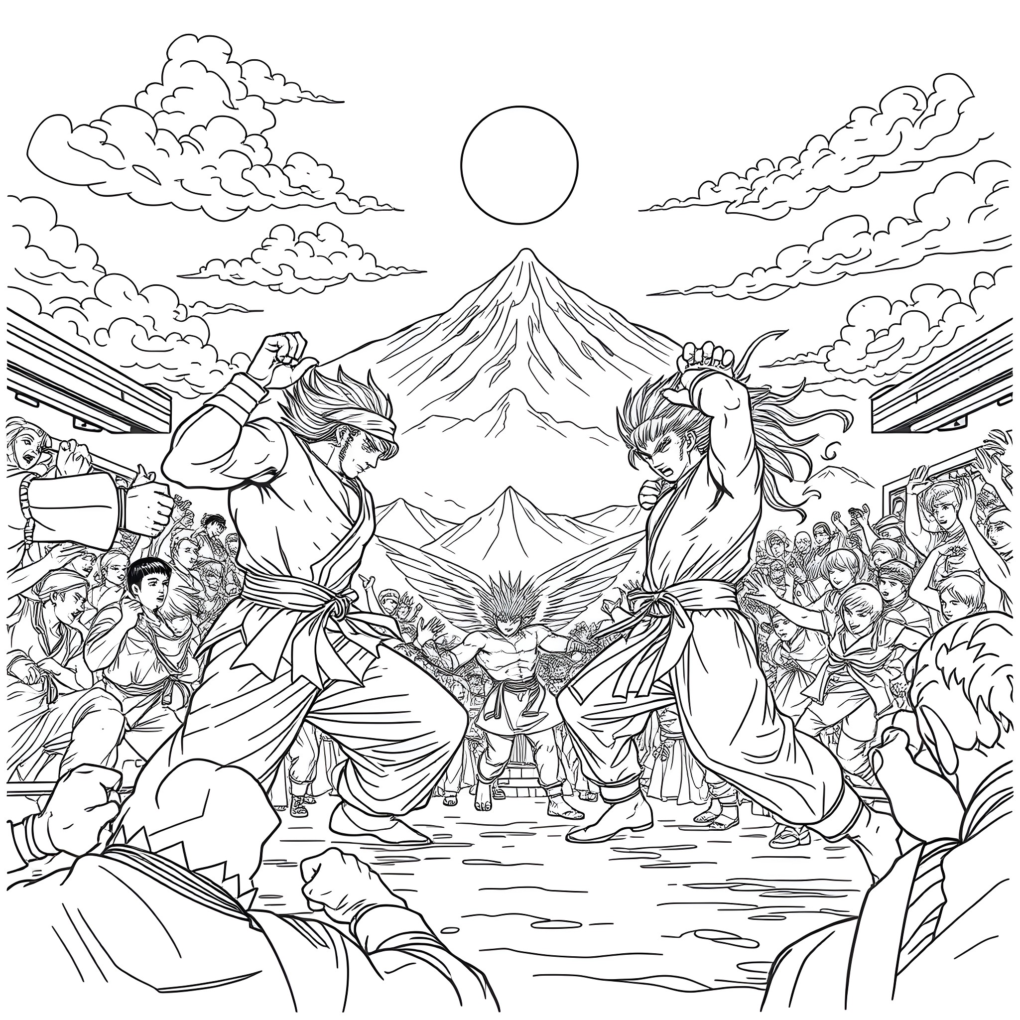 Dragonball warriors in an epic battle under the sky Coloring Page (free black-and-white line drawing printable PDF for all, from beginners to advanced learners, including children, teens, adults, and seniors)