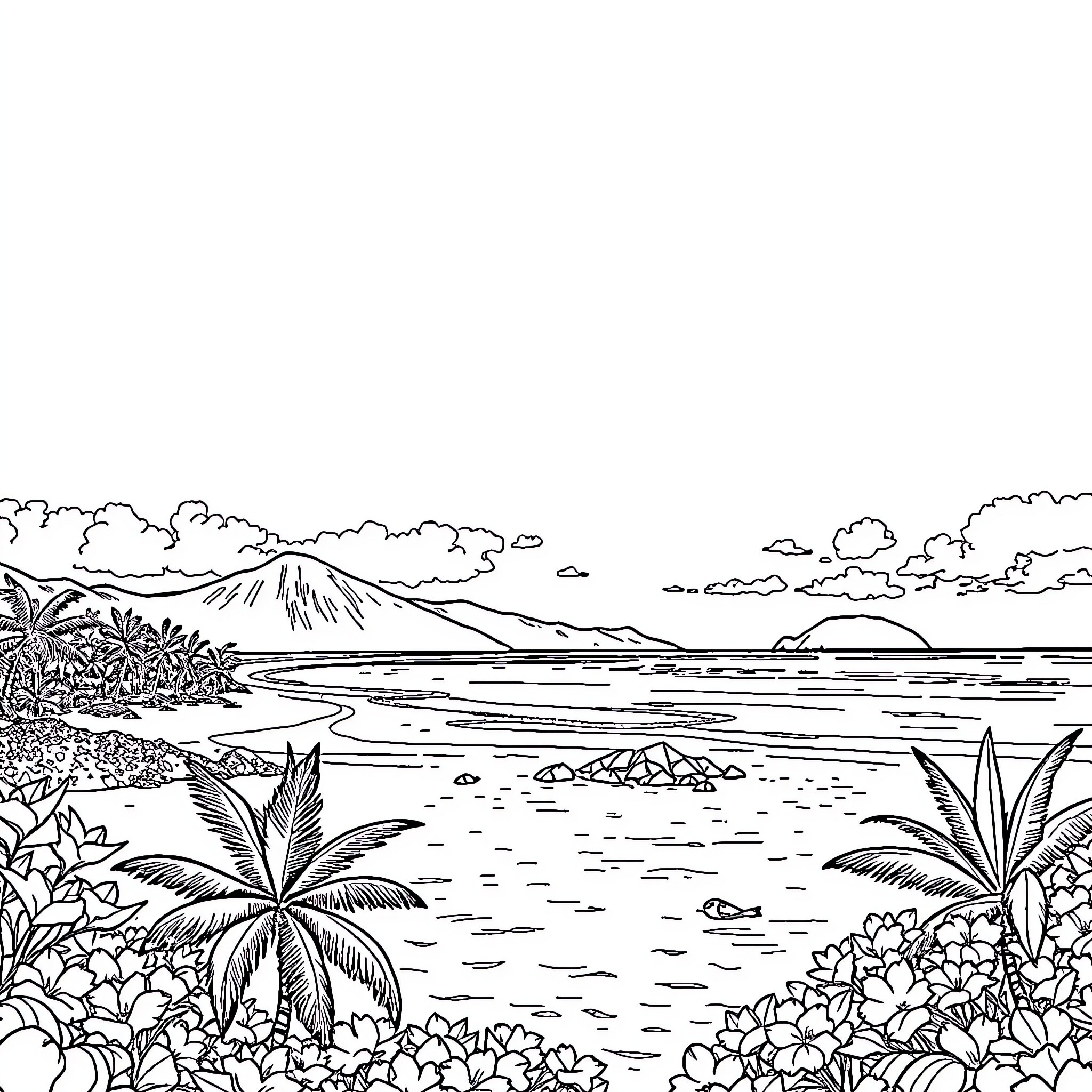 Guadeloupe coastal landscape with tropical vegetation Coloring Page (free black-and-white line drawing printable PDF for all, from beginners to advanced learners, including children, teens, adults, and seniors)