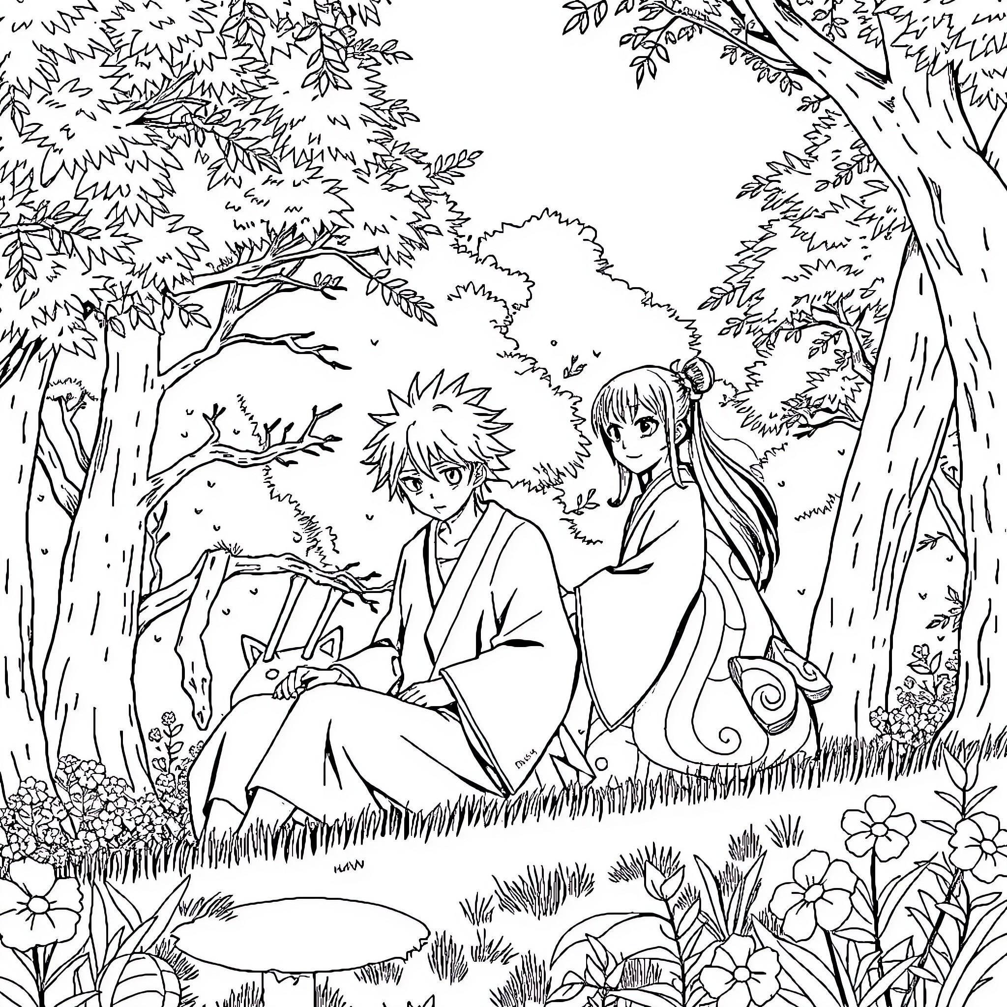 Shinobu and friends in a peaceful forest setting Coloring Page (free black-and-white line drawing printable PDF for all, from beginners to advanced learners, including children, teens, adults, and seniors)