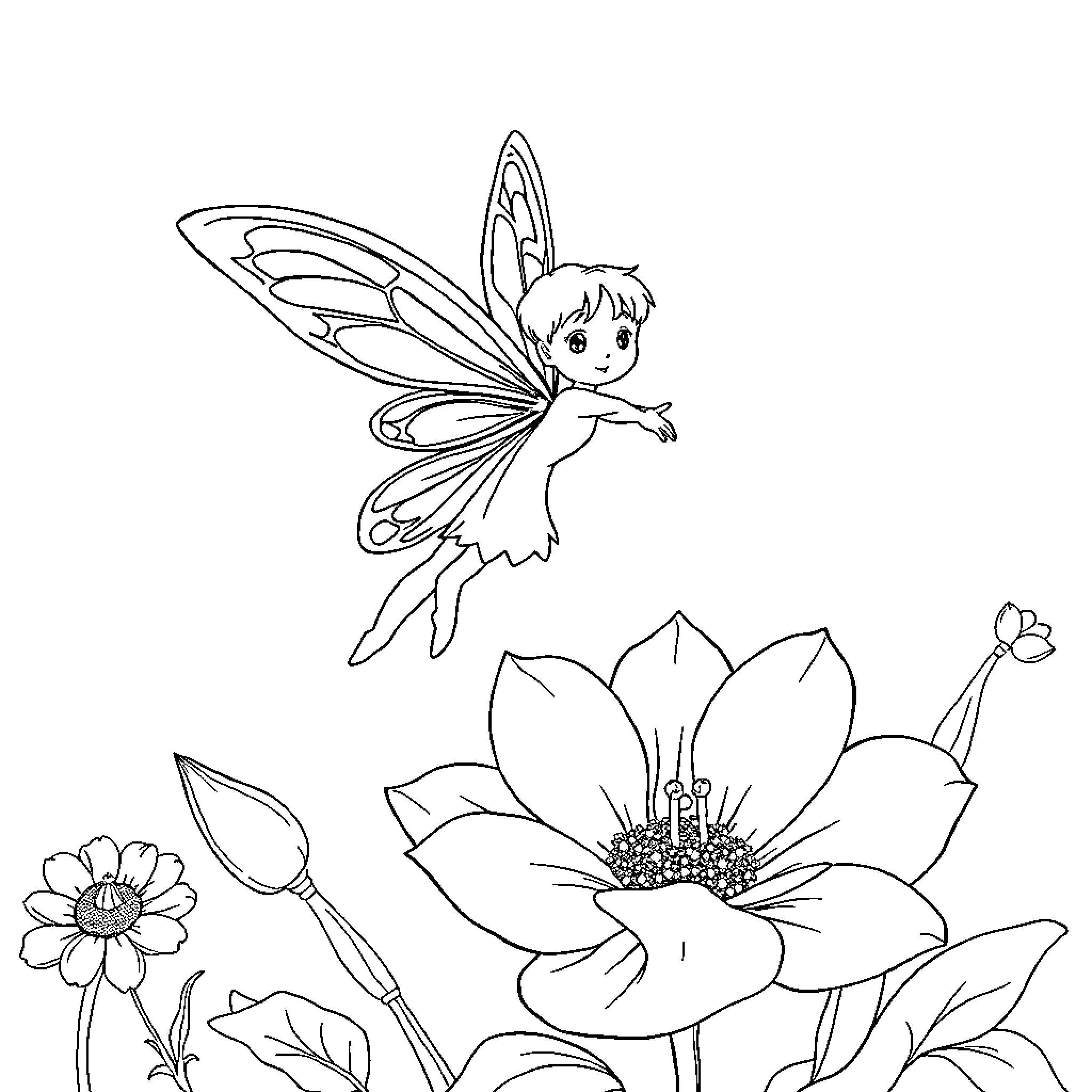Fairy flying among whimsical flowers and foliage Coloring Page (free black-and-white line drawing printable PDF for all, from beginners to advanced learners, including children, teens, adults, and seniors)