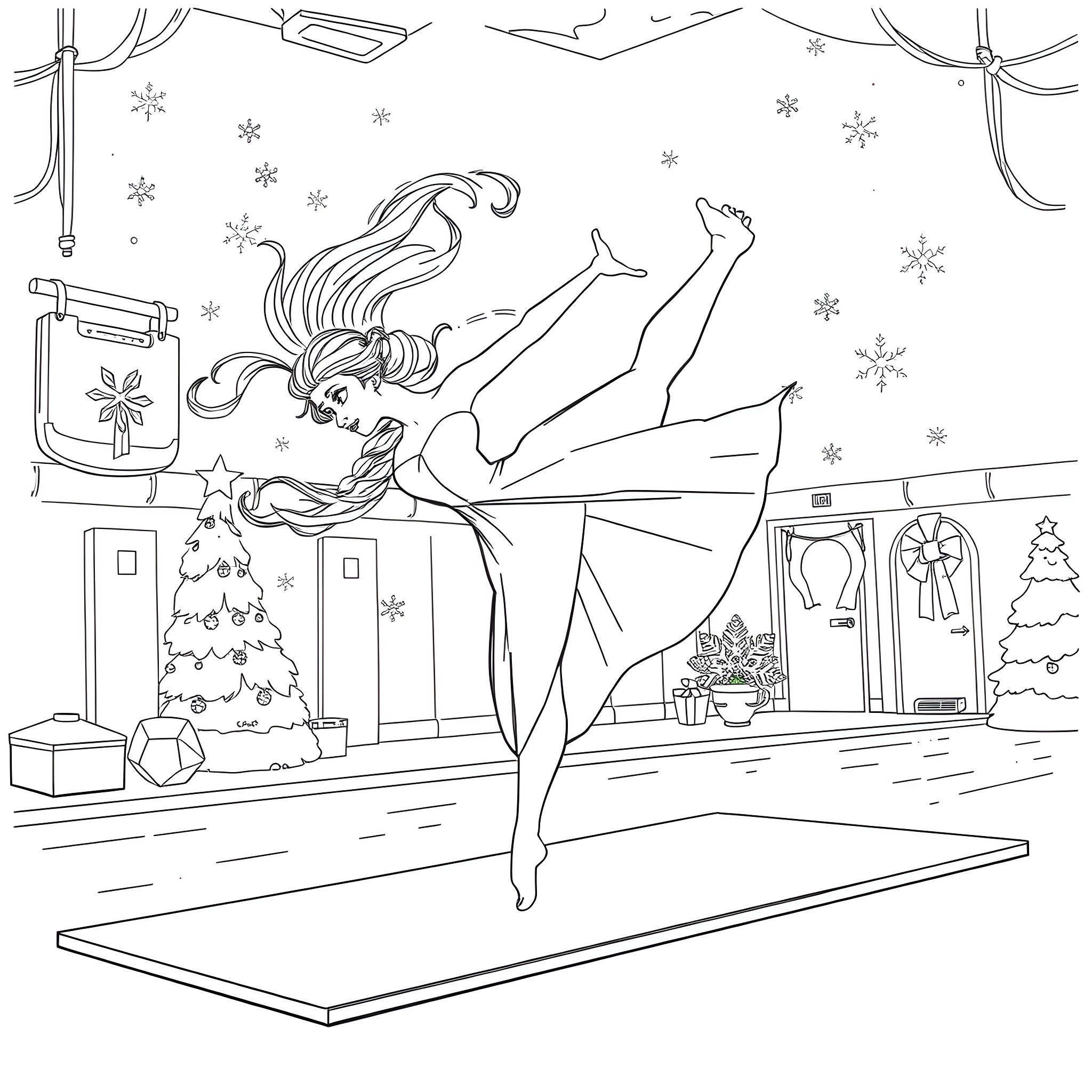 Elsa performing graceful ballet dance in winter wonderland Coloring Page (free black-and-white line drawing printable PDF for all, from beginners to advanced learners, including children, teens, adults, and seniors)