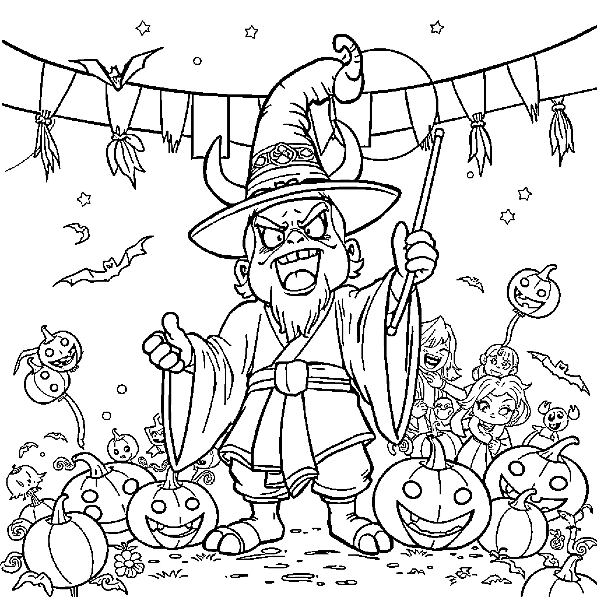 Sangoku Halloween Festivities with Friendly Monsters Coloring Page (free black-and-white line drawing printable PDF for all, from beginners to advanced learners, including children, teens, adults, and seniors)