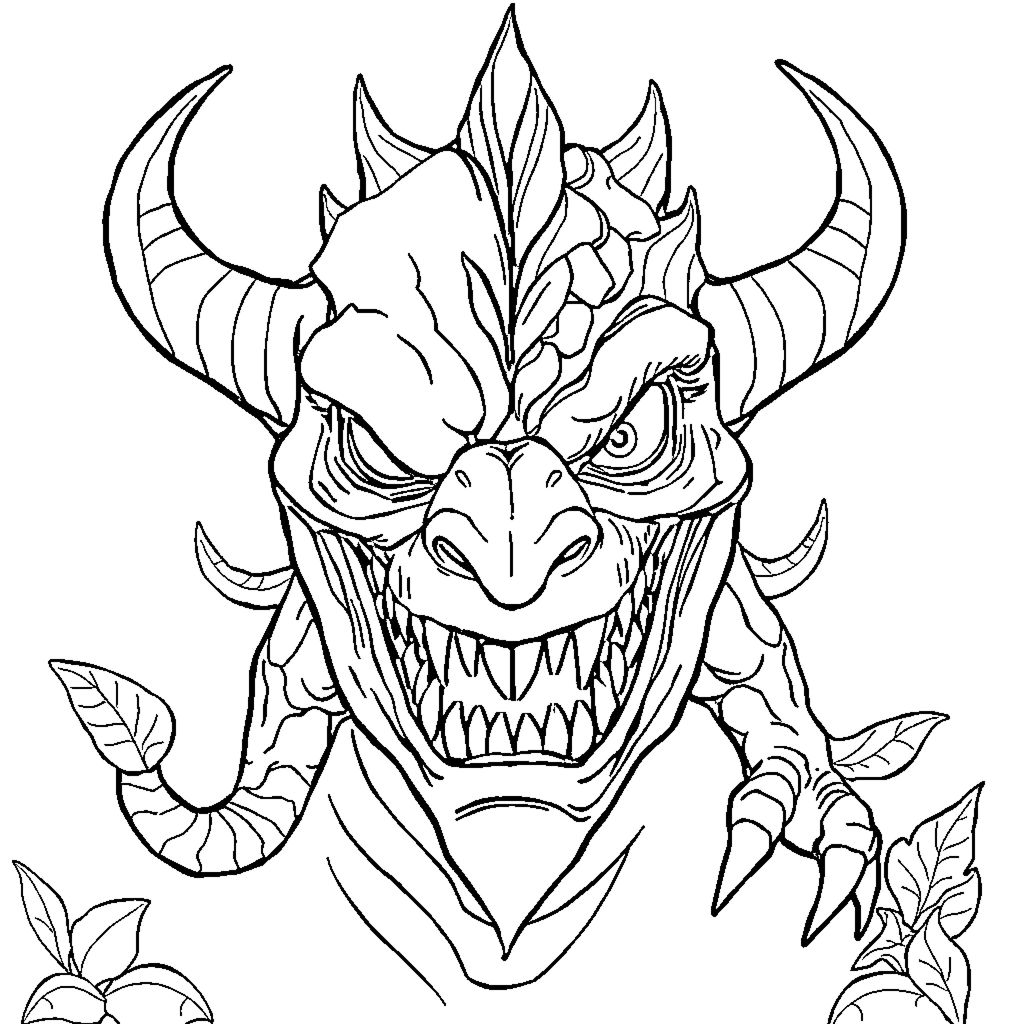 Face of a Ferocious Demonic Creature Coloring Page (free black-and-white line drawing printable PDF for all, from beginners to advanced learners, including children, teens, adults, and seniors)