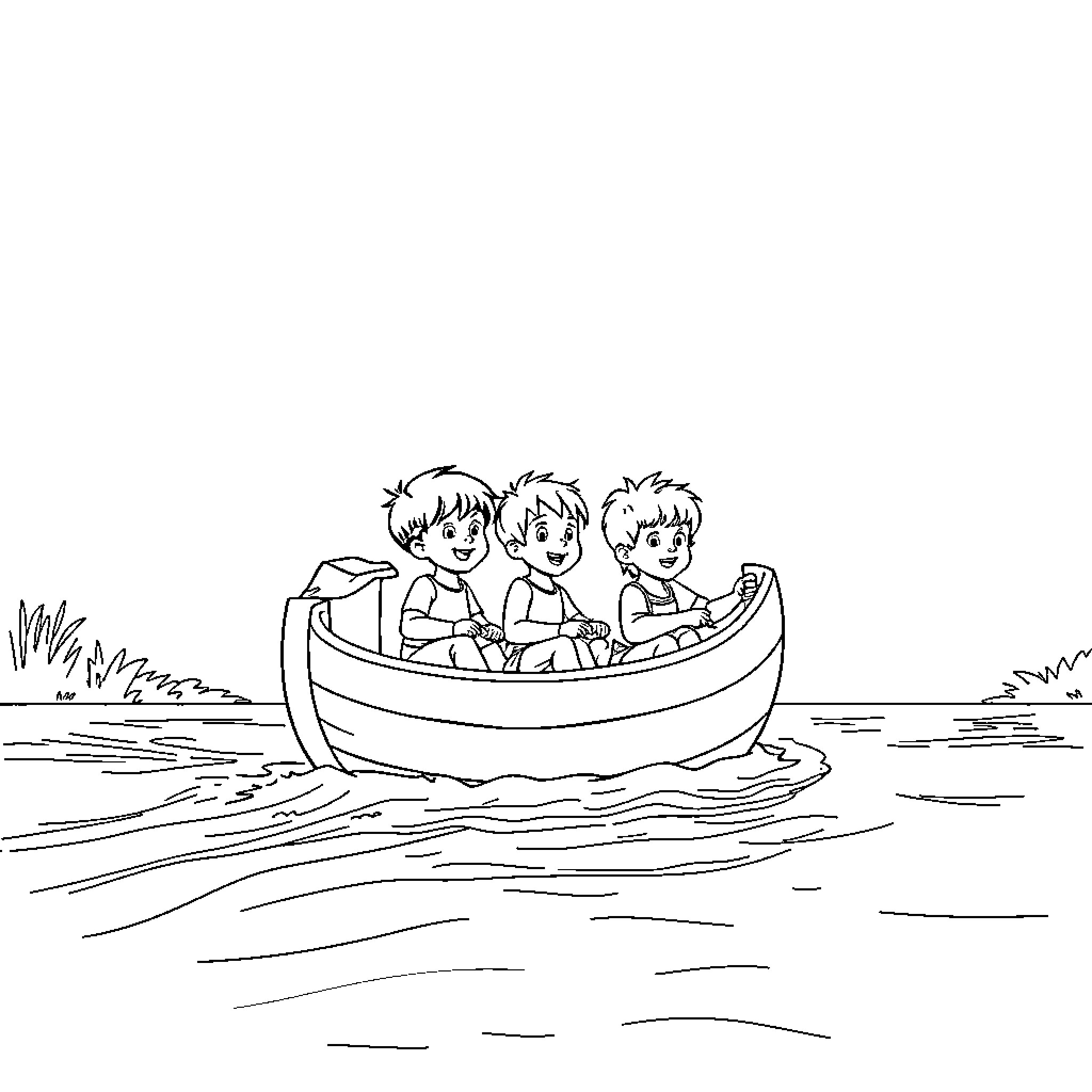 Boys rowing a boat on the river Coloring Page (free black-and-white line drawing printable PDF for all, from beginners to advanced learners, including children, teens, adults, and seniors)