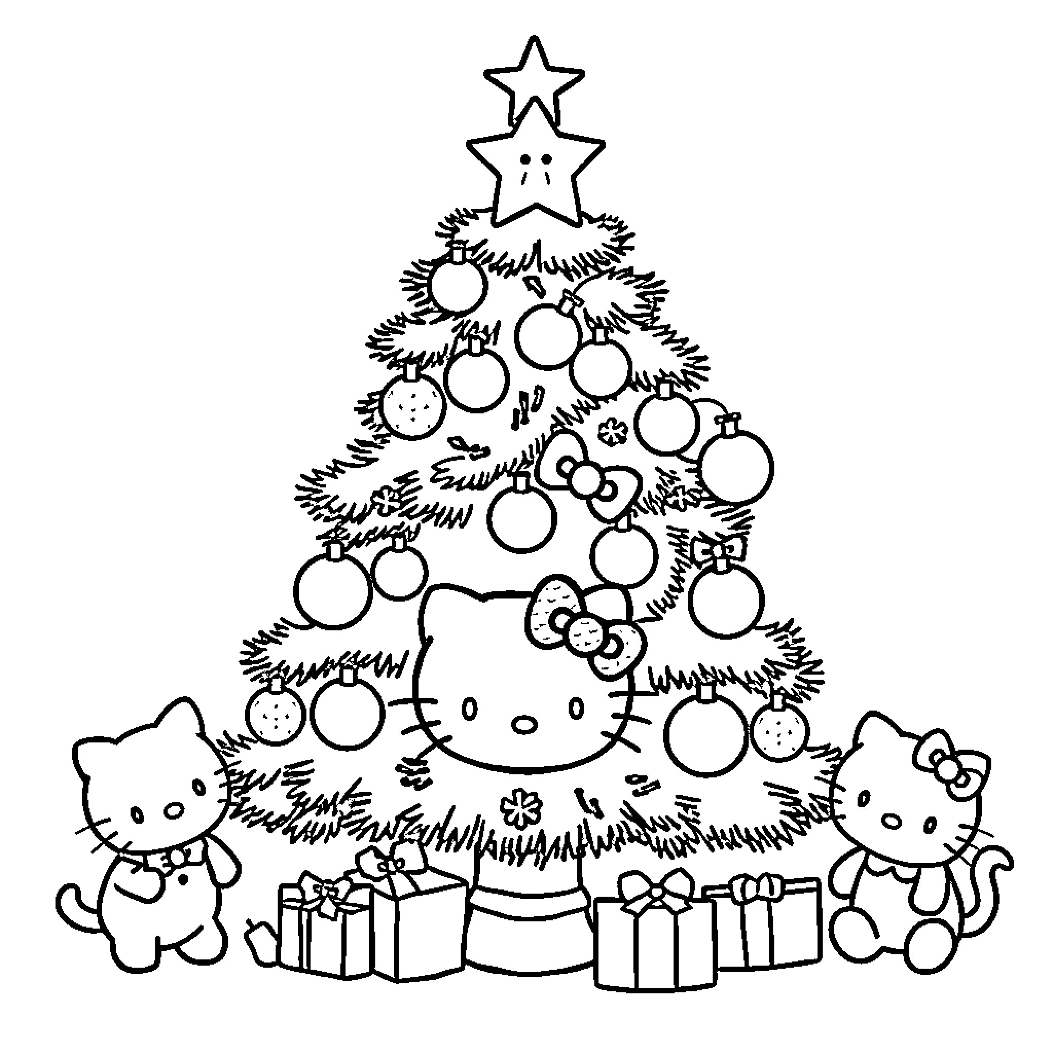 Christmas Tree with Cute Kittens and Ornaments Coloring Page (free black-and-white line drawing printable PDF for all, from beginners to advanced learners, including children, teens, adults, and seniors)