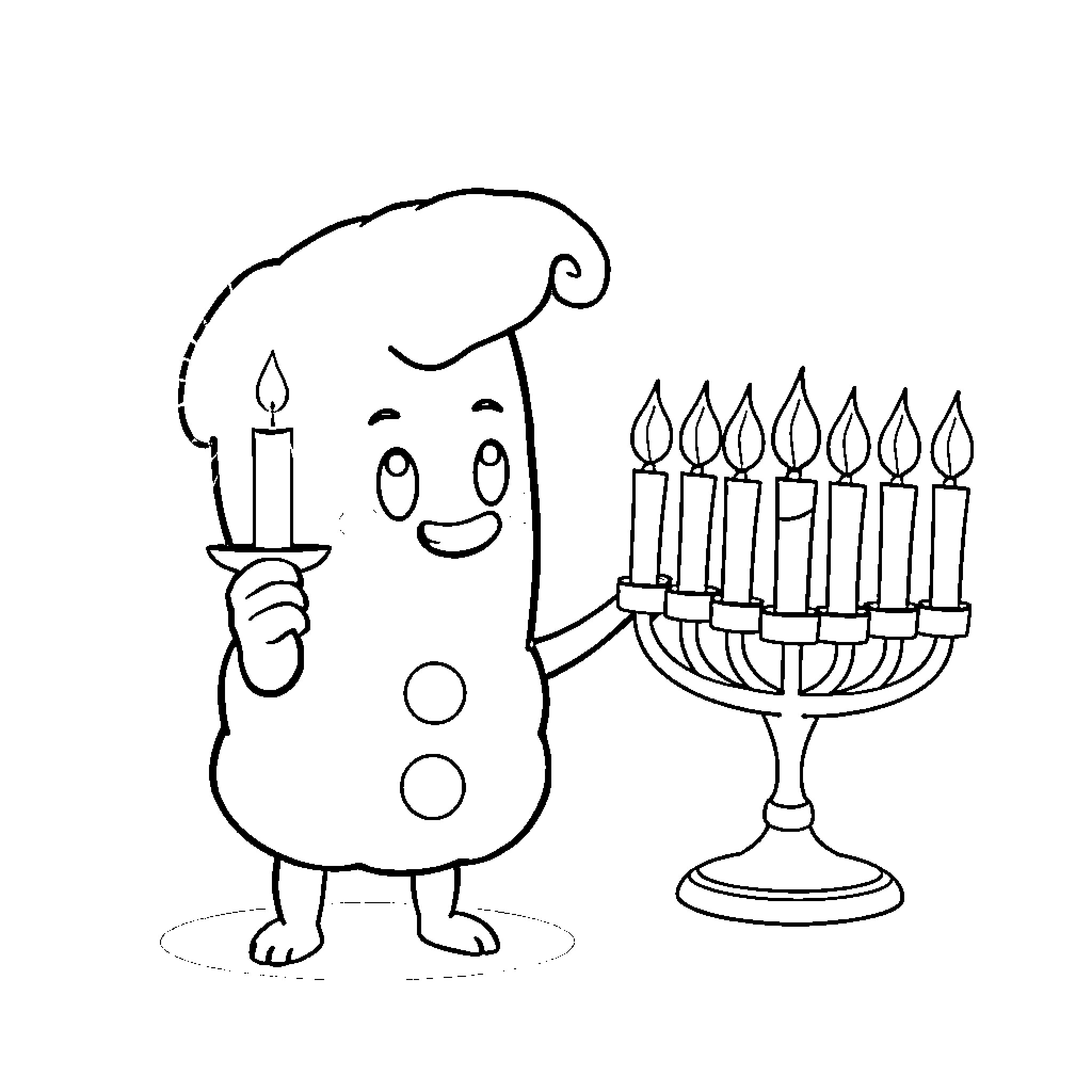 Labubu celebrates Hanukkah with a menorah Coloring Page (free black-and-white line drawing printable PDF for all, from beginners to advanced learners, including children, teens, adults, and seniors)