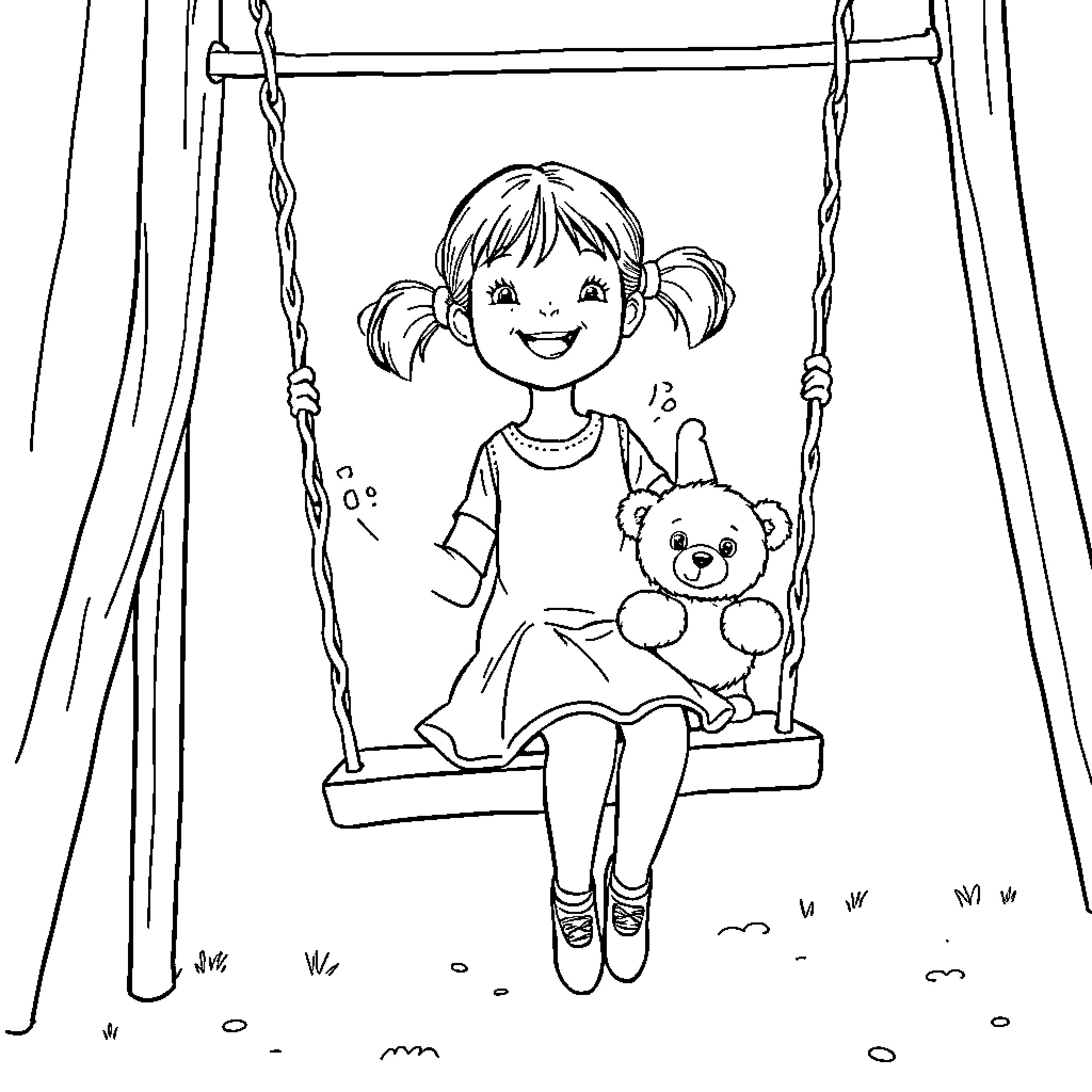Girl Enjoying a Swing with Teddy Bear Coloring Page (free black-and-white line drawing printable PDF for all, from beginners to advanced learners, including children, teens, adults, and seniors)