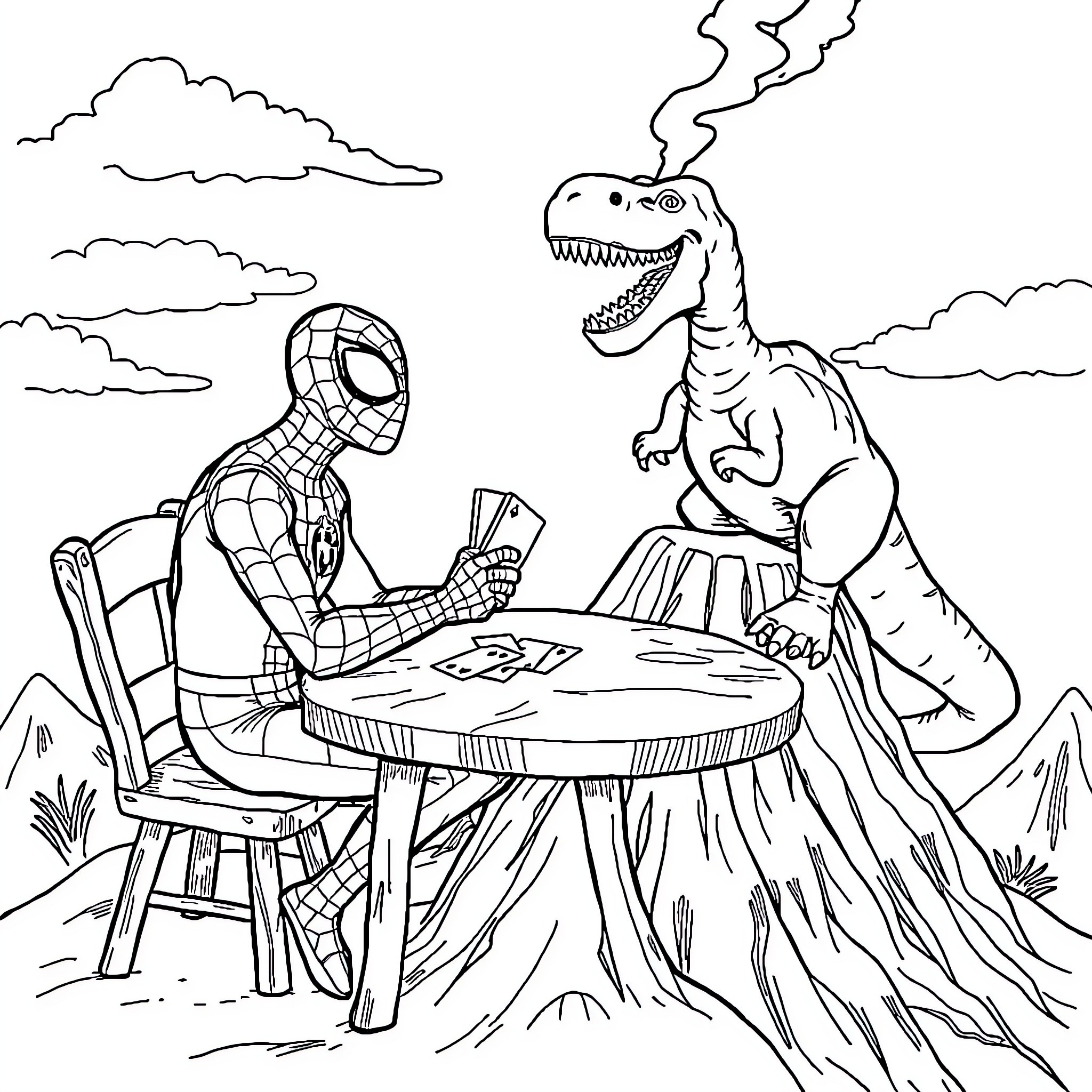 Spiderman playing cards with Tyrannosaurus Rex in the wilderness Coloring Page (free black-and-white line drawing printable PDF for all, from beginners to advanced learners, including children, teens, adults, and seniors)