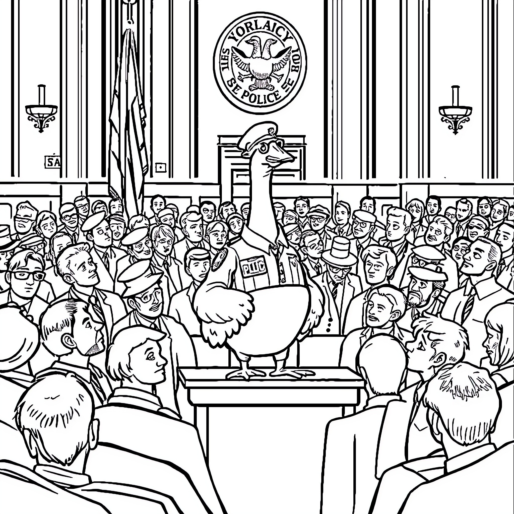 Goose at a police briefing with a crowd Coloring Page (free black-and-white line drawing printable PDF for all, from beginners to advanced learners, including children, teens, adults, and seniors)