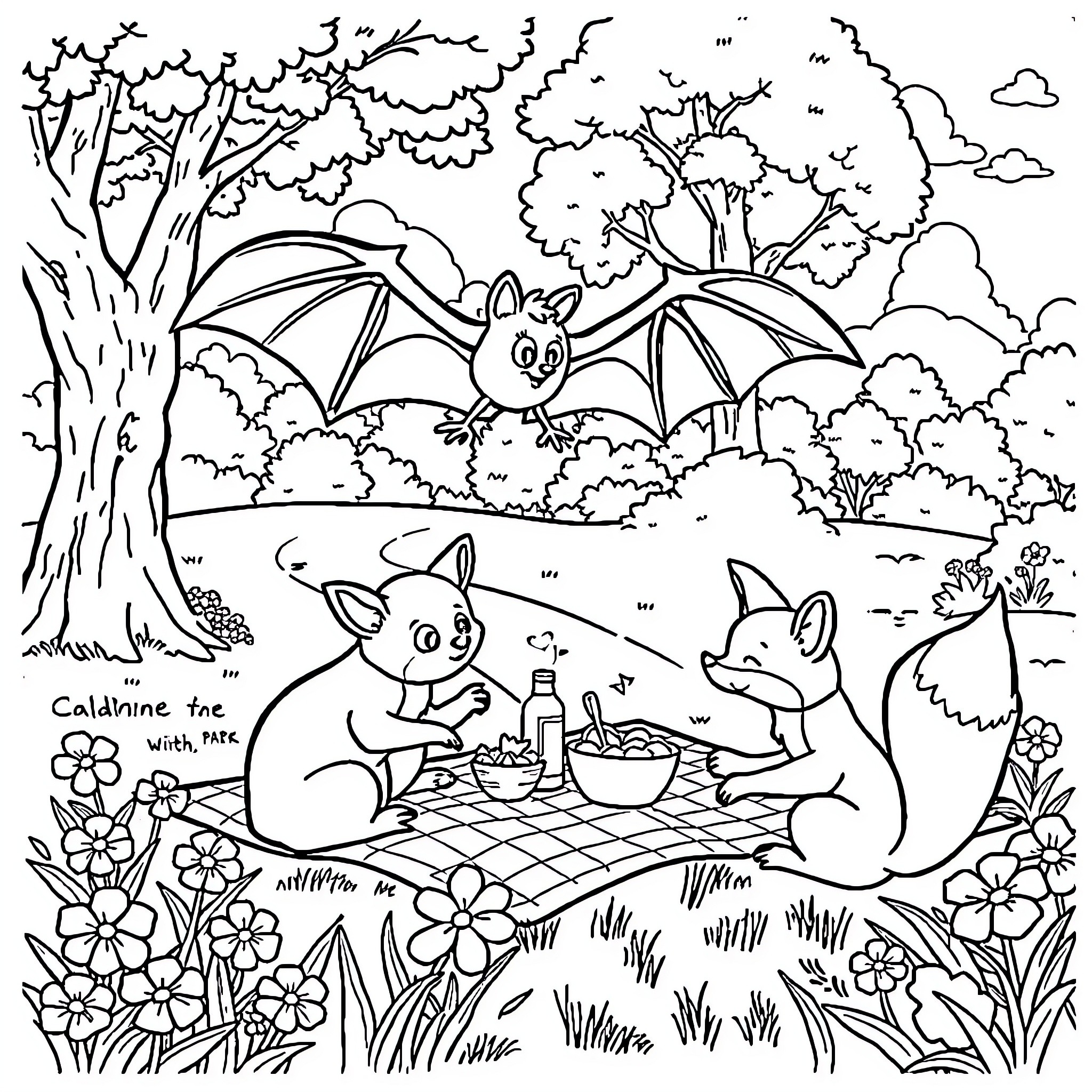 Bat picnicking with animal friends in the forest Coloring Page (free black-and-white line drawing printable PDF for all, from beginners to advanced learners, including children, teens, adults, and seniors)