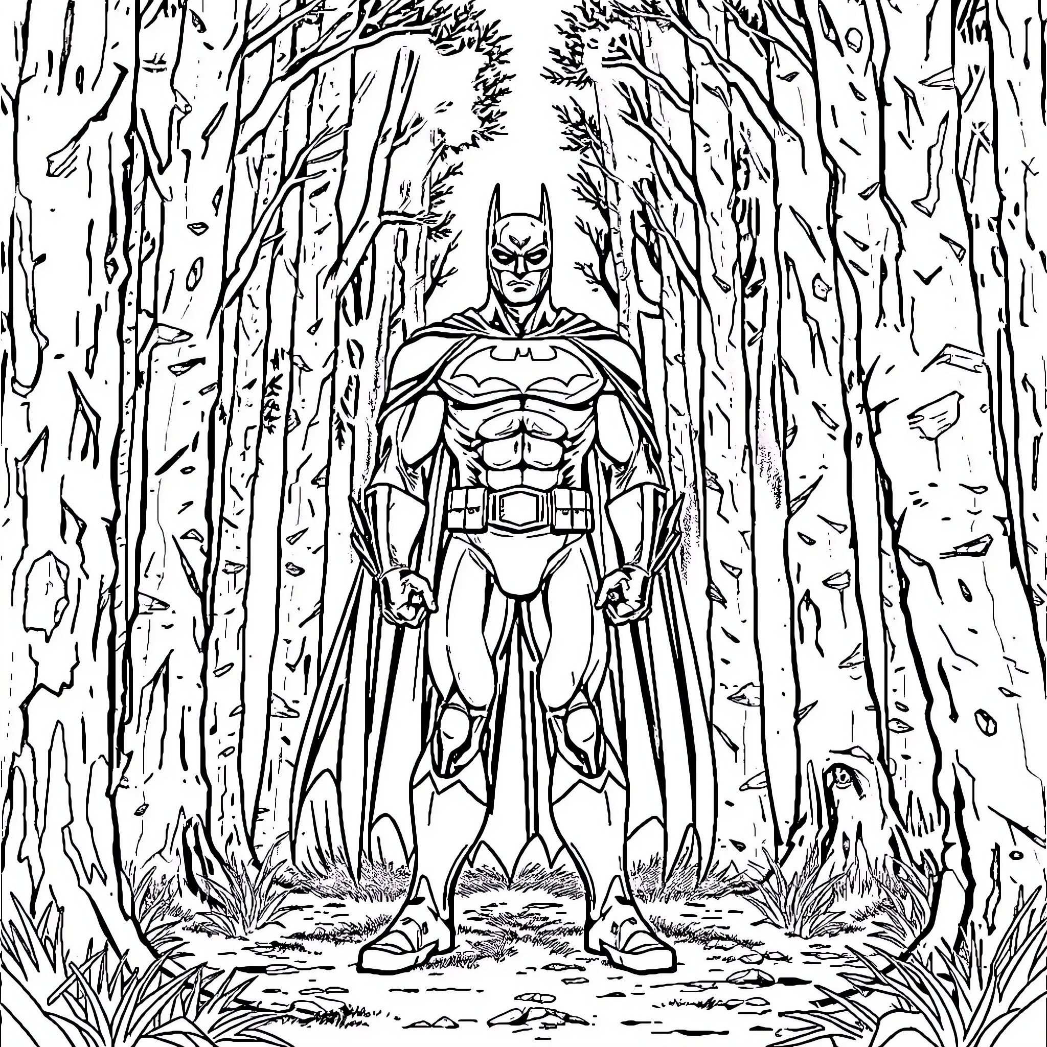 Batman Stalking Through the Mysterious Forest Coloring Page (free black-and-white line drawing printable PDF for all, from beginners to advanced learners, including children, teens, adults, and seniors)
