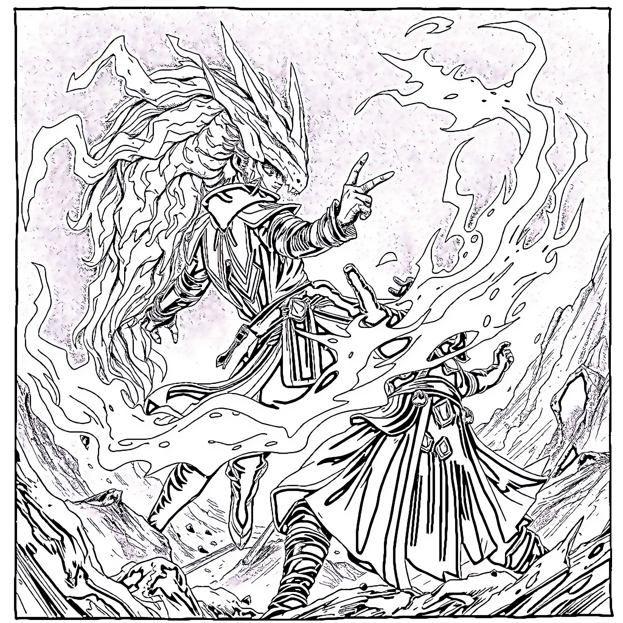 Jin Woo's Heroic Battle Against the Formidable Dragon Coloring Page (free black-and-white line drawing printable PDF for all, from beginners to advanced learners, including children, teens, adults, and seniors)