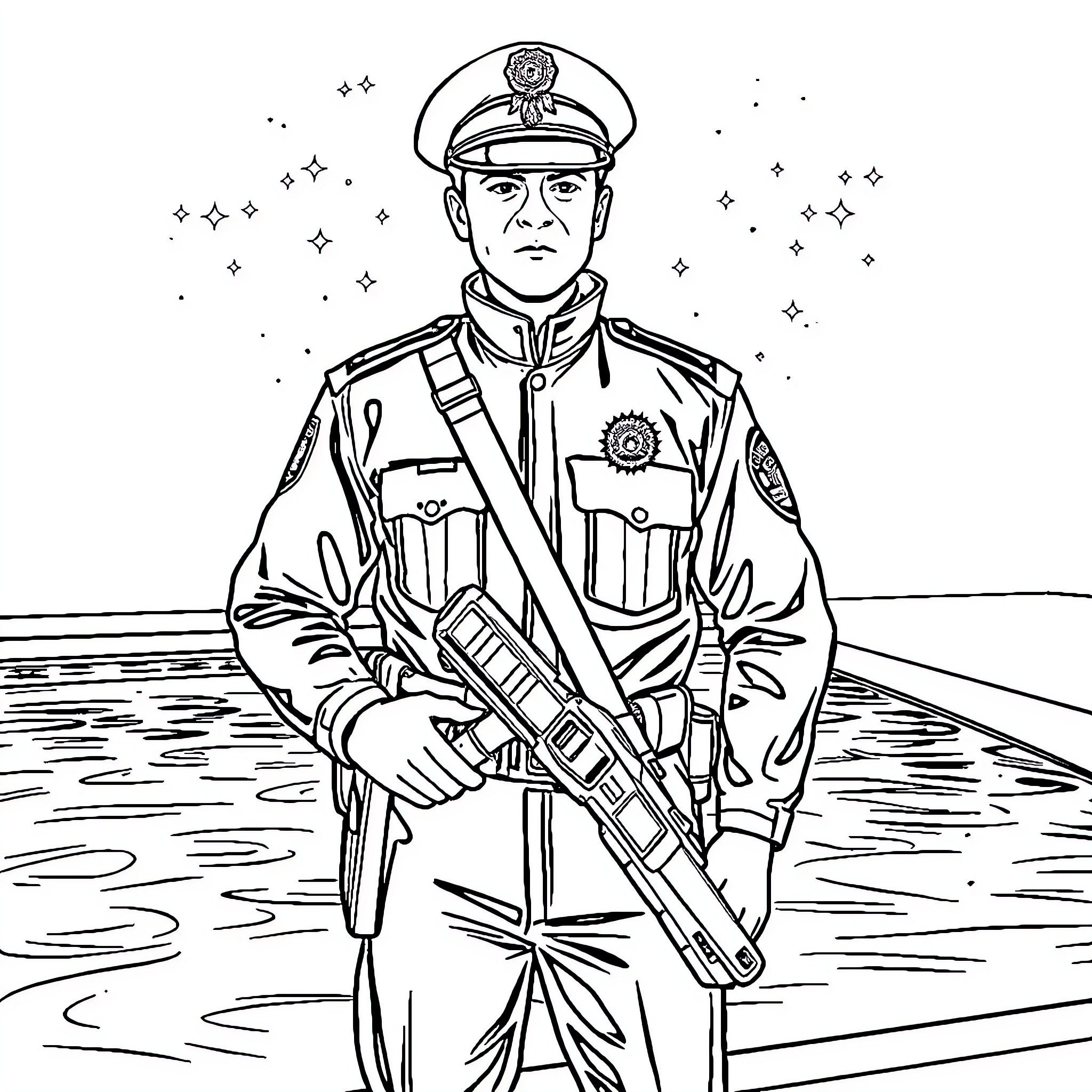 Gendarme on patrol with vigilant expression Coloring Page (free black-and-white line drawing printable PDF for all, from beginners to advanced learners, including children, teens, adults, and seniors)
