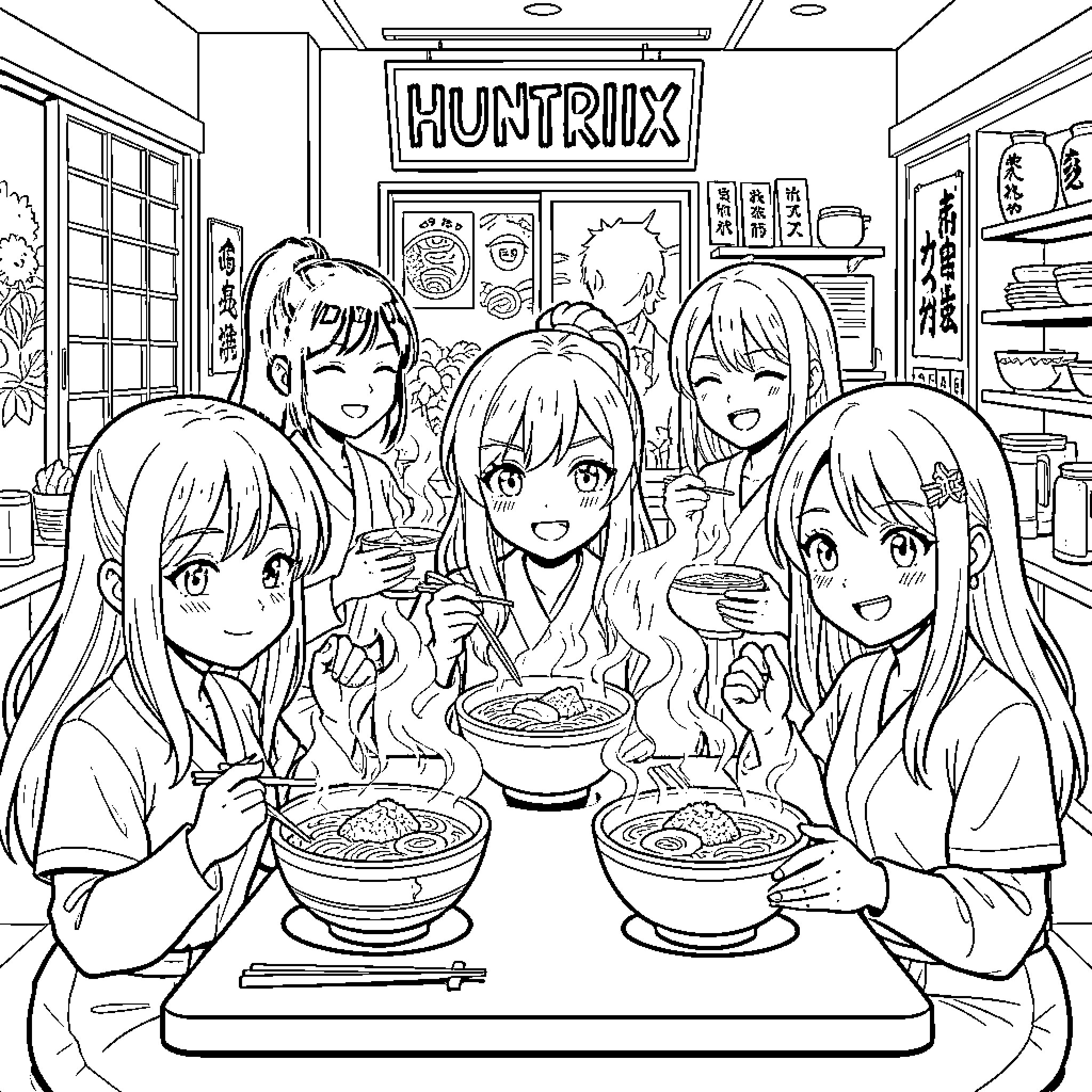 Huntrix: Group of friends enjoying a meal together Coloring Page (free black-and-white line drawing printable PDF for all, from beginners to advanced learners, including children, teens, adults, and seniors)