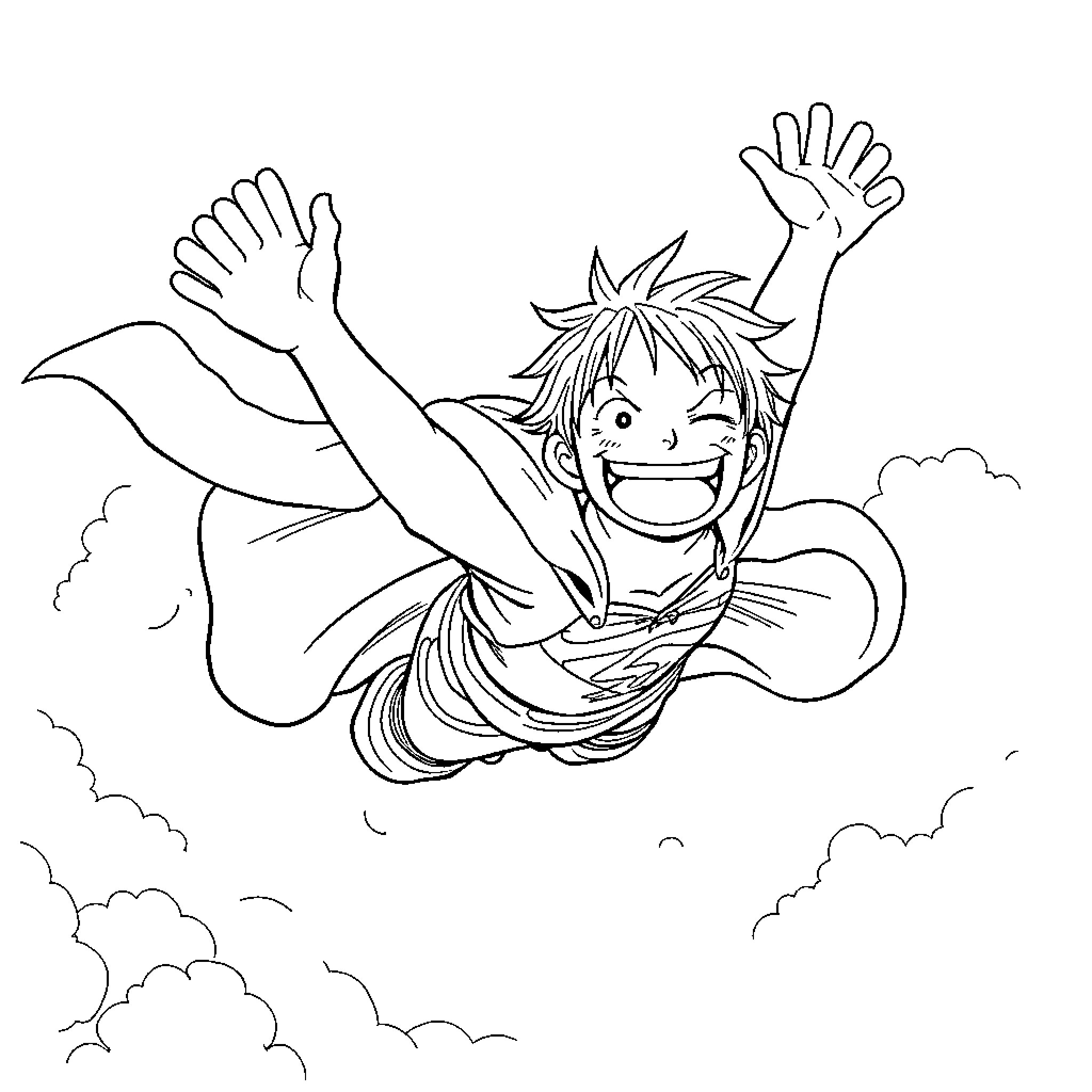 Luffy soaring through the sky with arms outstretched Coloring Page (free black-and-white line drawing printable PDF for all, from beginners to advanced learners, including children, teens, adults, and seniors)