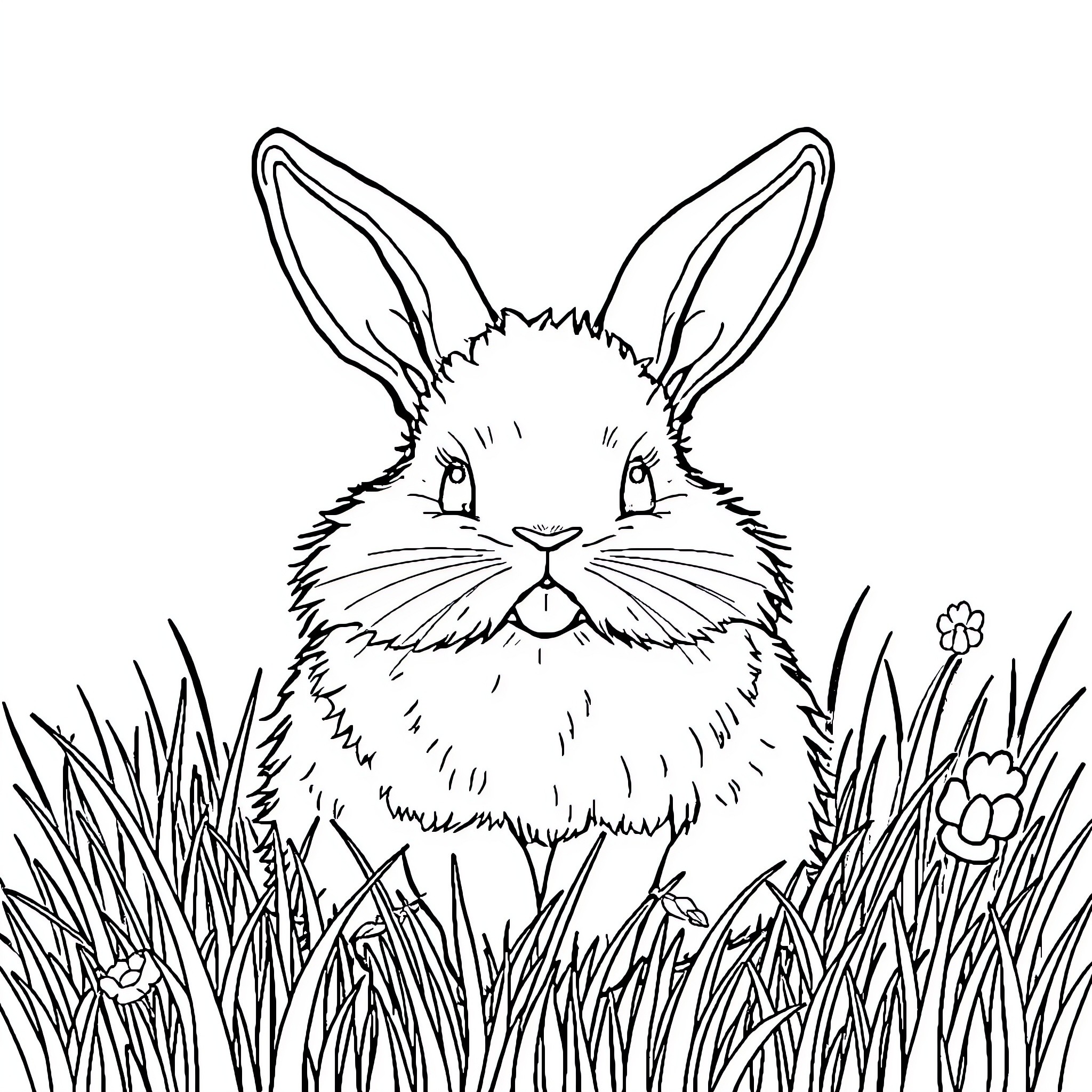 Rabbit peeking out from tall grass Coloring Page (free black-and-white line drawing printable PDF for all, from beginners to advanced learners, including children, teens, adults, and seniors)