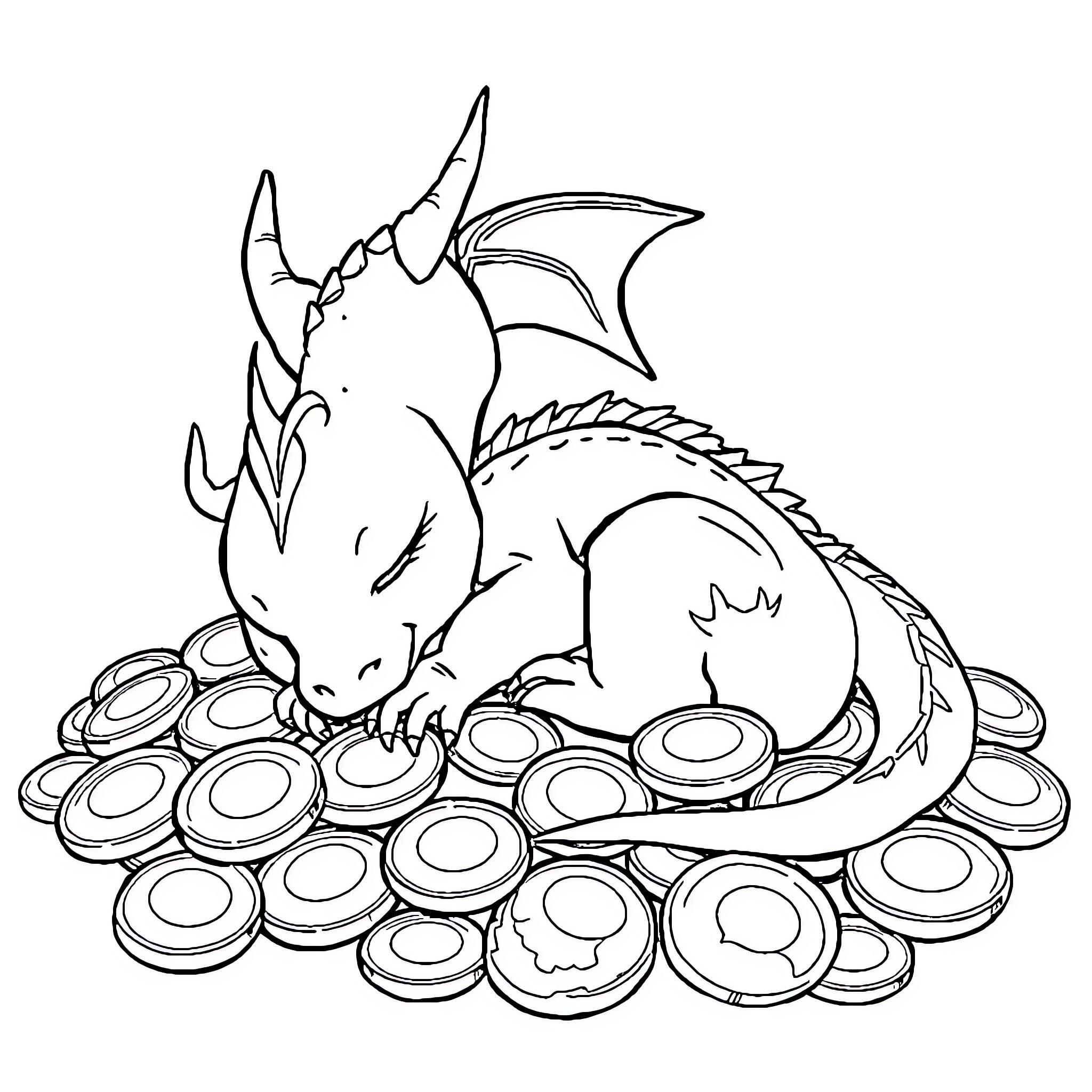 Dragon resting on a pile of gold coins Coloring Page (free black-and-white line drawing printable PDF for all, from beginners to advanced learners, including children, teens, adults, and seniors)