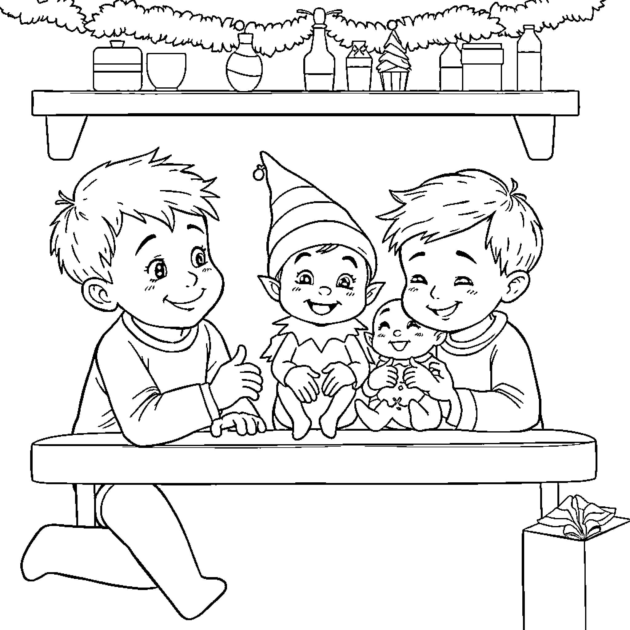 Brother Elves Celebrate in Cozy Home Coloring Page (free black-and-white line drawing printable PDF for all, from beginners to advanced learners, including children, teens, adults, and seniors)