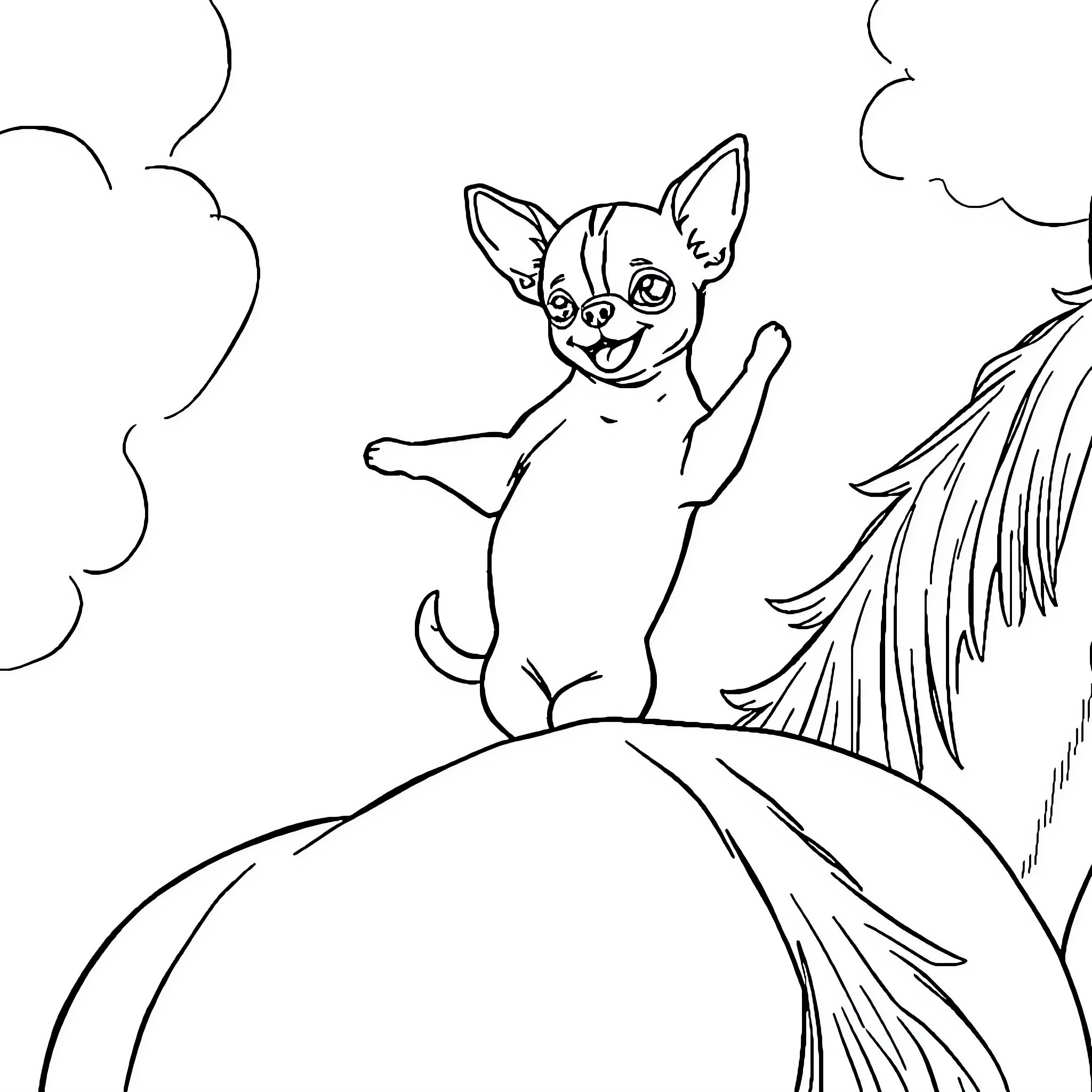 Chihuahua dancing happily in the forest Coloring Page (free black-and-white line drawing printable PDF for all, from beginners to advanced learners, including children, teens, adults, and seniors)