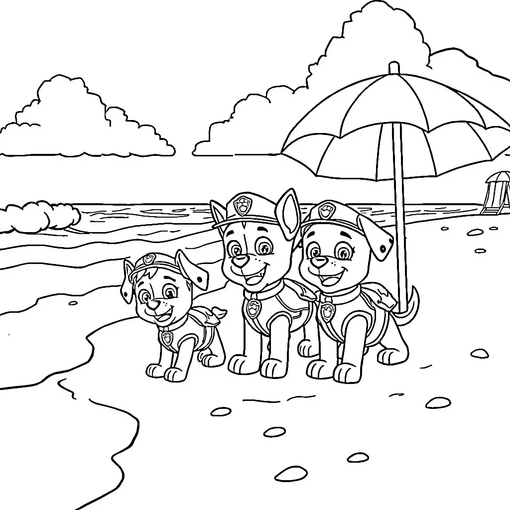 Paw Patrol Pups Enjoying a Beach Day Coloring Page (free black-and-white line drawing printable PDF for all, from beginners to advanced learners, including children, teens, adults, and seniors)