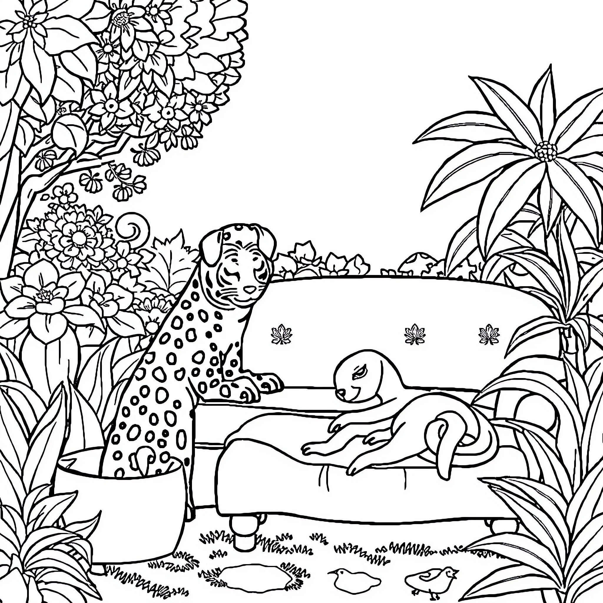 Animal friends in a floral garden Coloring Page (free black-and-white line drawing printable PDF for all, from beginners to advanced learners, including children, teens, adults, and seniors)