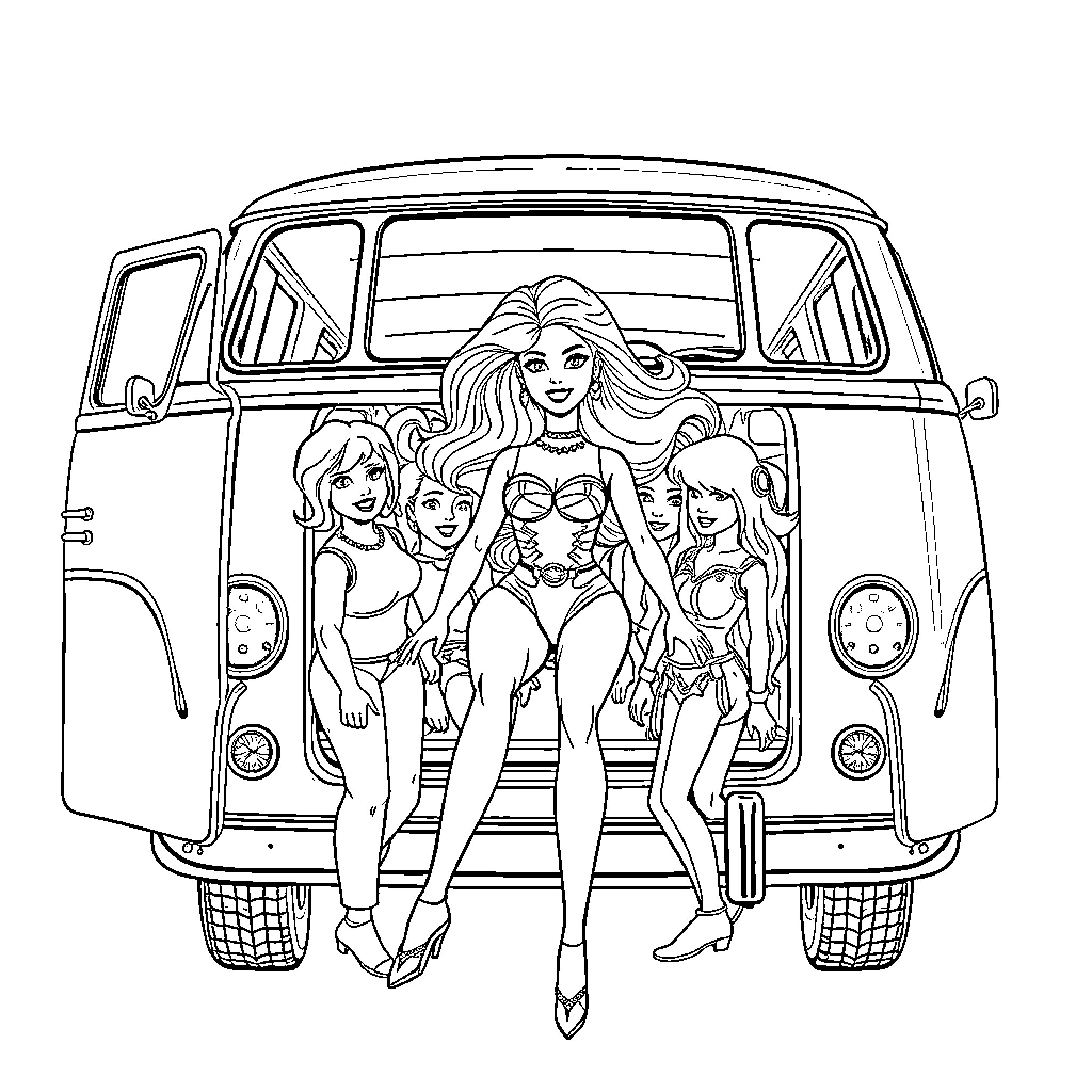 Barbie enjoying a road trip with friends Coloring Page (free black-and-white line drawing printable PDF for all, from beginners to advanced learners, including children, teens, adults, and seniors)