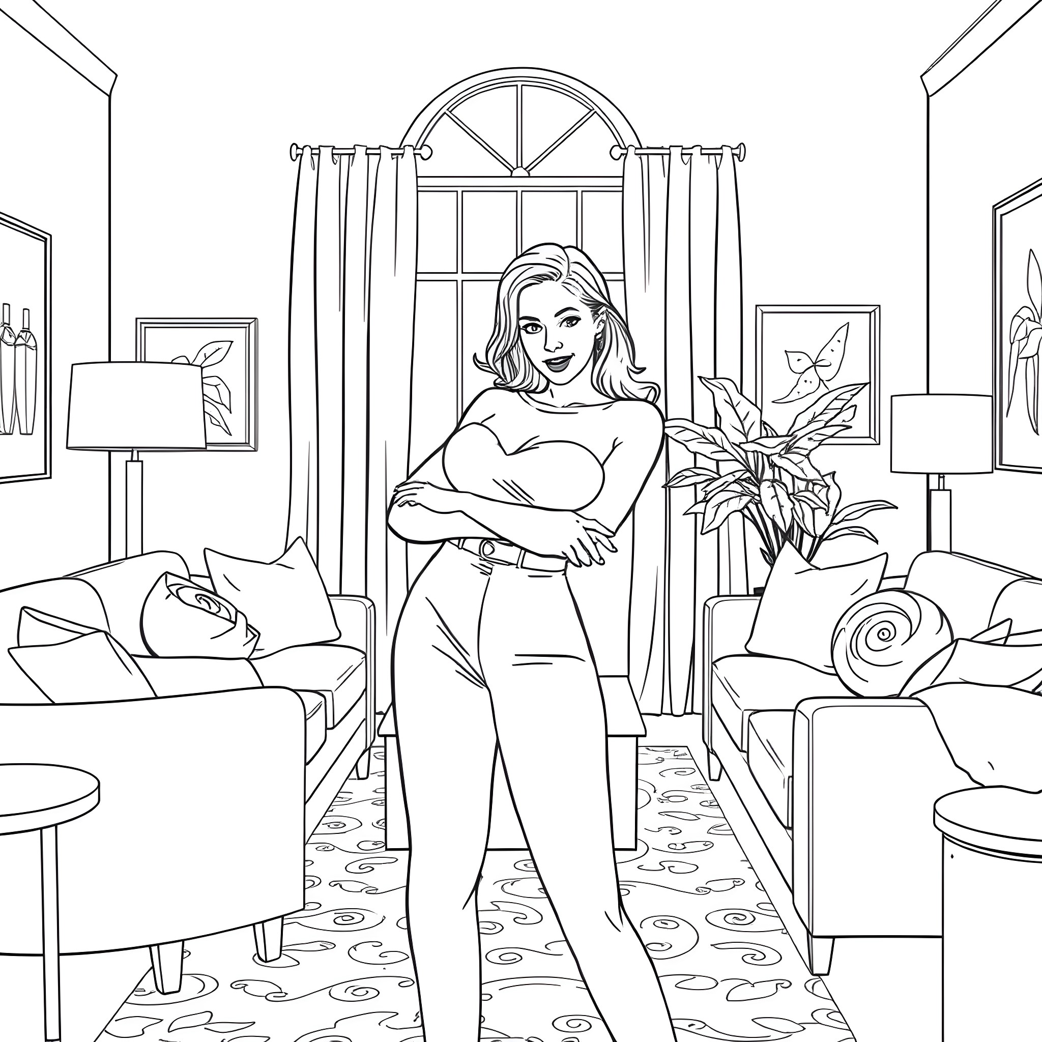 Rachel relaxing confidently in a cozy living room Coloring Page (free black-and-white line drawing printable PDF for all, from beginners to advanced learners, including children, teens, adults, and seniors)