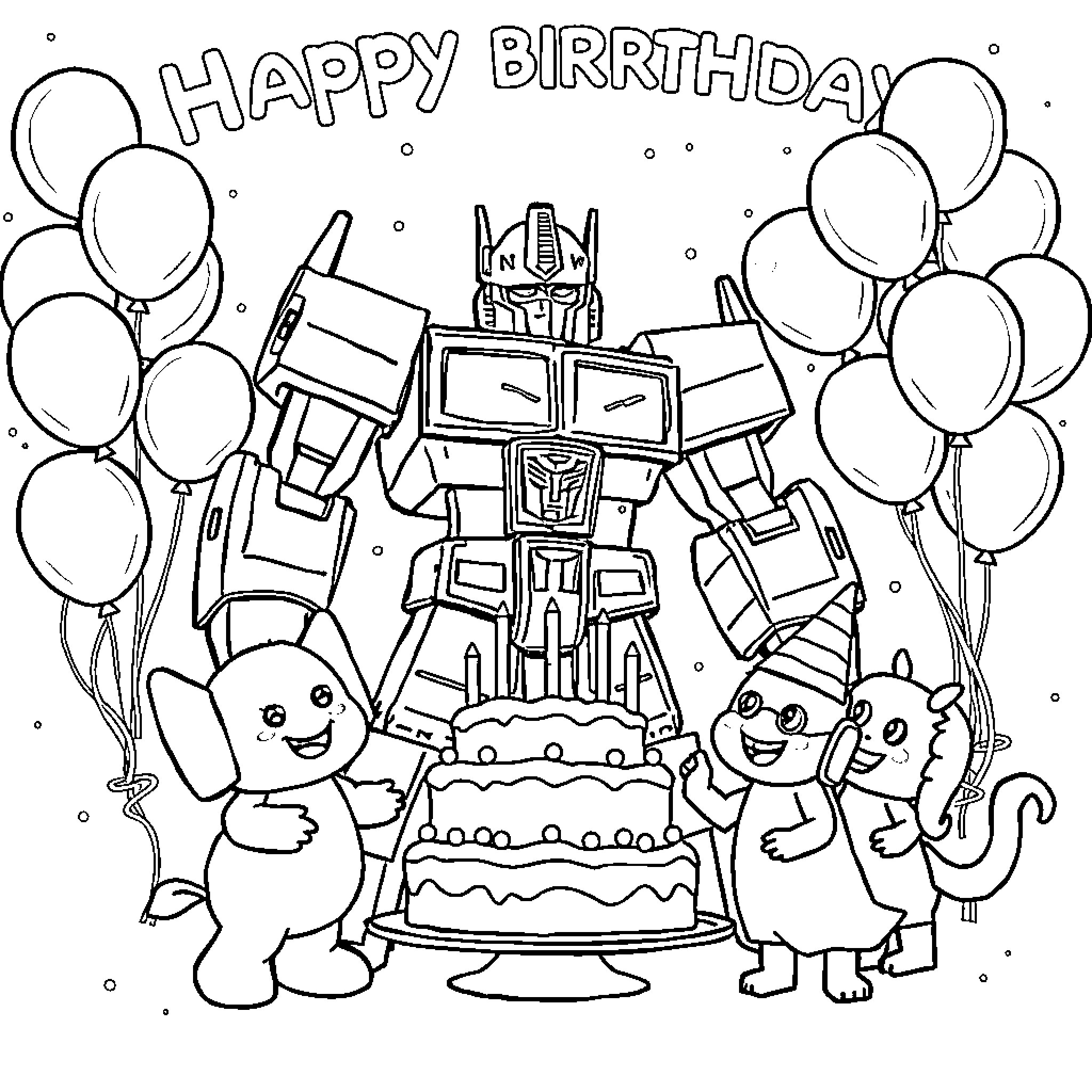 Optimus Prime celebrates a happy birthday with friends Coloring Page (free black-and-white line drawing printable PDF for all, from beginners to advanced learners, including children, teens, adults, and seniors)
