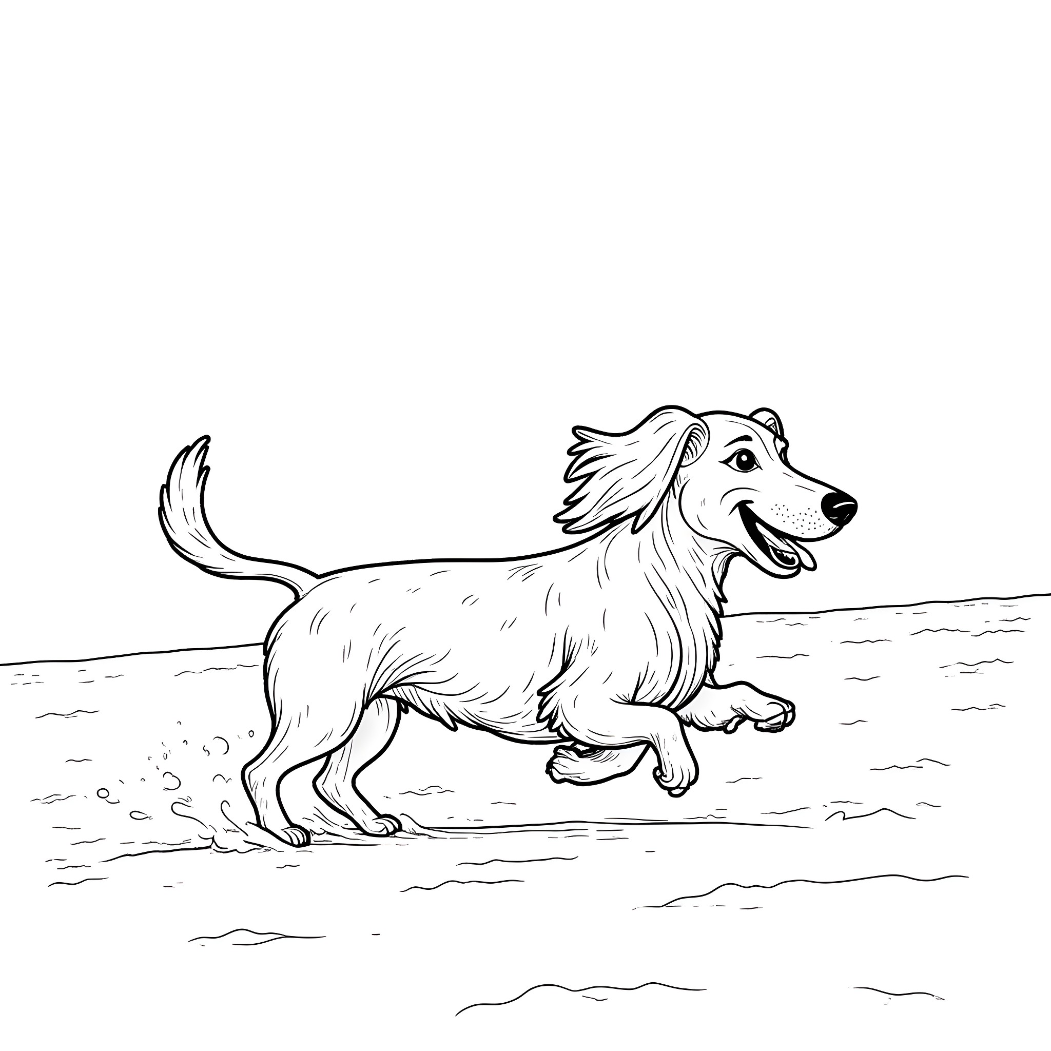 Wiener Dog Running Happily on the Beach Coloring Page (free black-and-white line drawing printable PDF for all, from beginners to advanced learners, including children, teens, adults, and seniors)