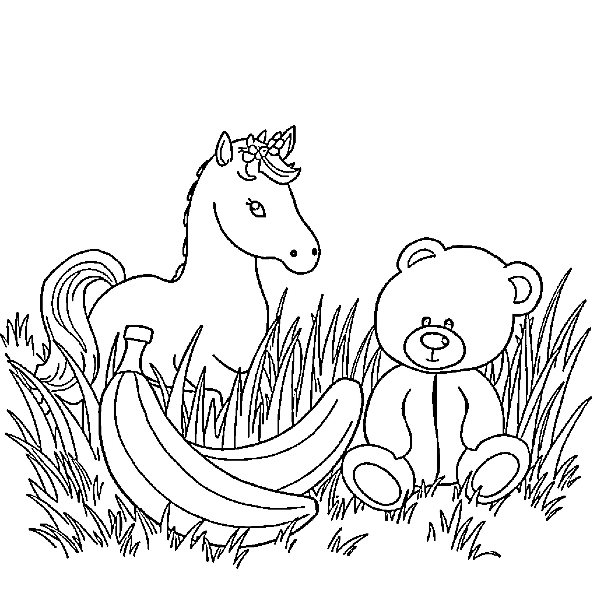 Banana playing with cute animals in the grass Coloring Page (free black-and-white line drawing printable PDF for all, from beginners to advanced learners, including children, teens, adults, and seniors)