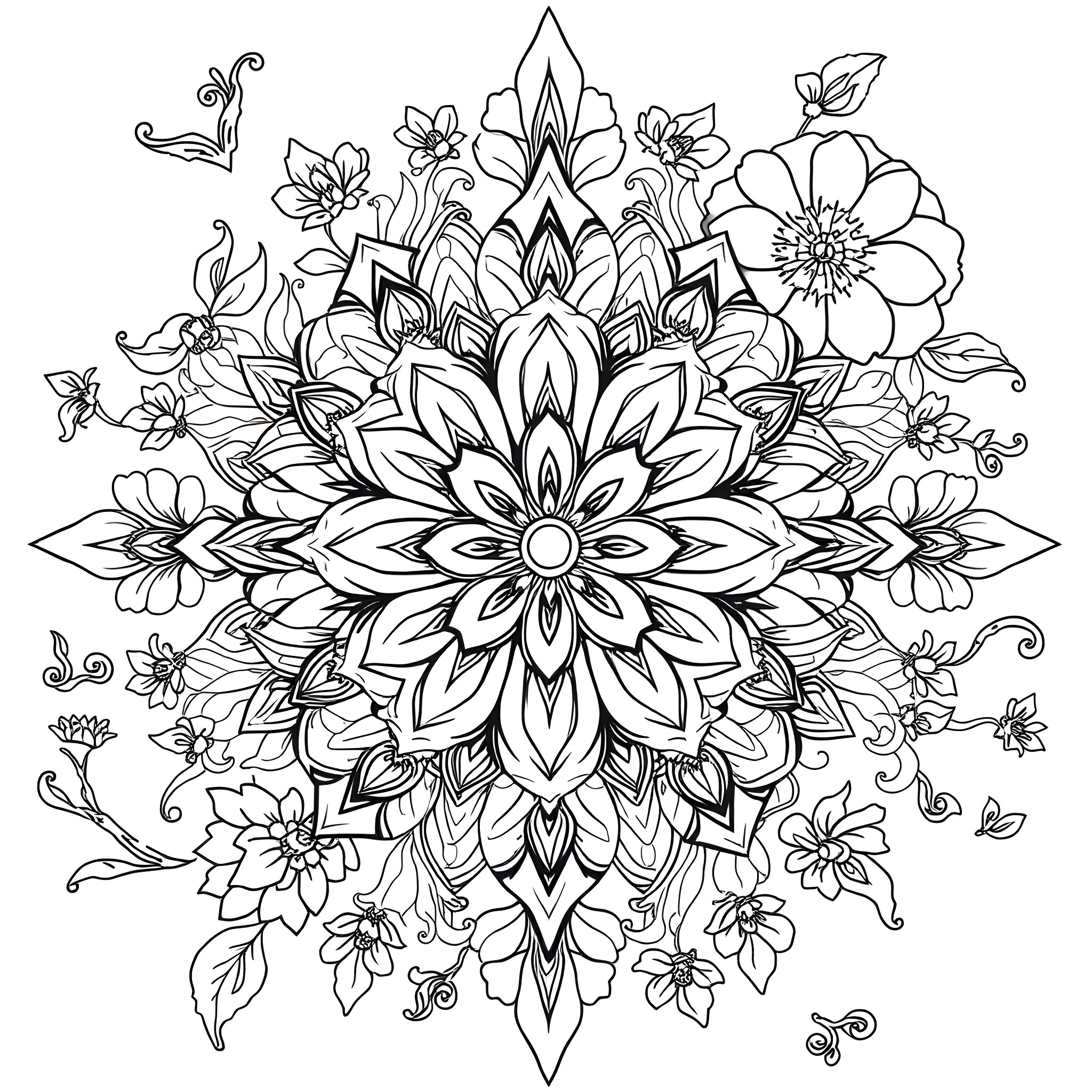 Flower Mandala with Intricate Floral Design Coloring Page (free black-and-white line drawing printable PDF for all, from beginners to advanced learners, including children, teens, adults, and seniors)