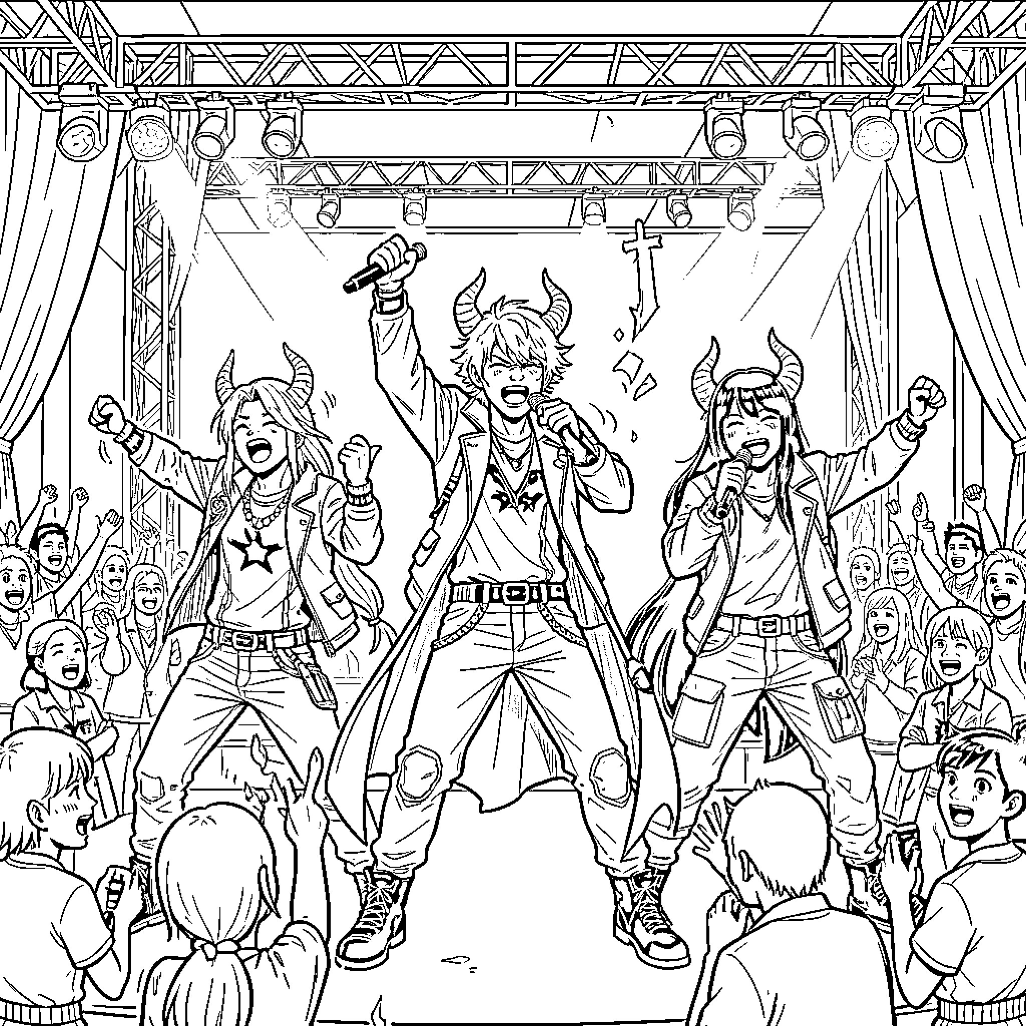 Kpop Demon Hunter performers singing on a stage Coloring Page (free black-and-white line drawing printable PDF for all, from beginners to advanced learners, including children, teens, adults, and seniors)