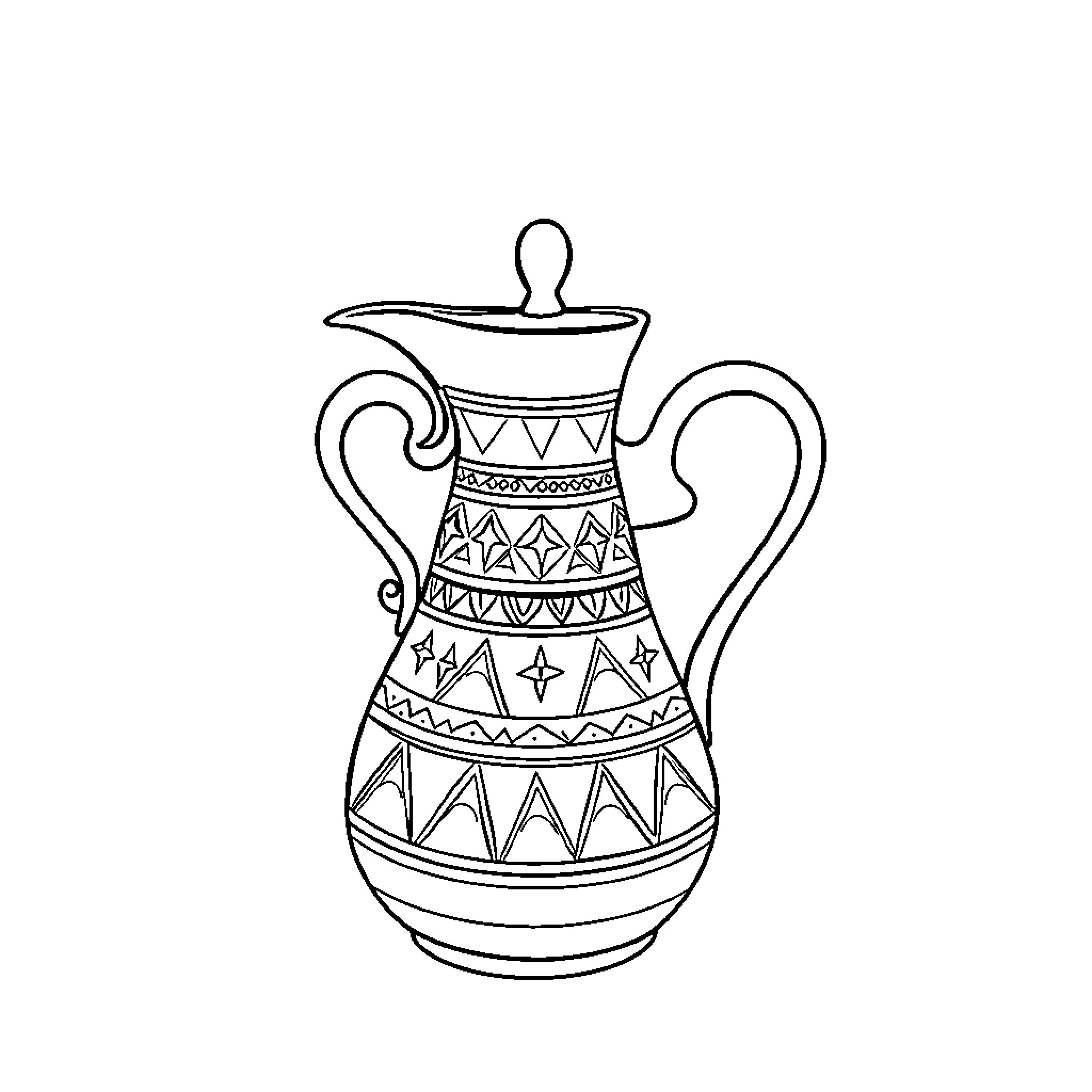 Jebena with Ornamental Patterns Coloring Page (free black-and-white line drawing printable PDF for all, from beginners to advanced learners, including children, teens, adults, and seniors)