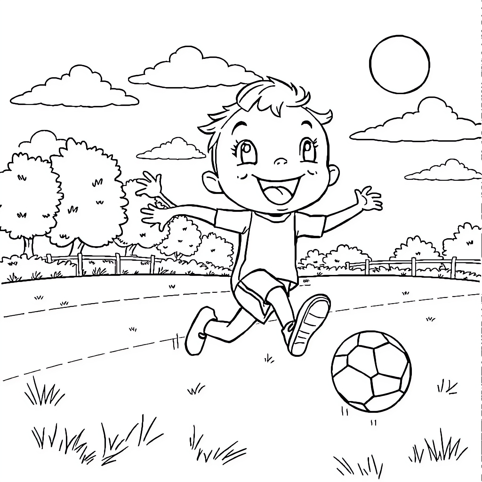 Laboubou playing joyfully with soccer ball in the park Coloring Page (free black-and-white line drawing printable PDF for all, from beginners to advanced learners, including children, teens, adults, and seniors)