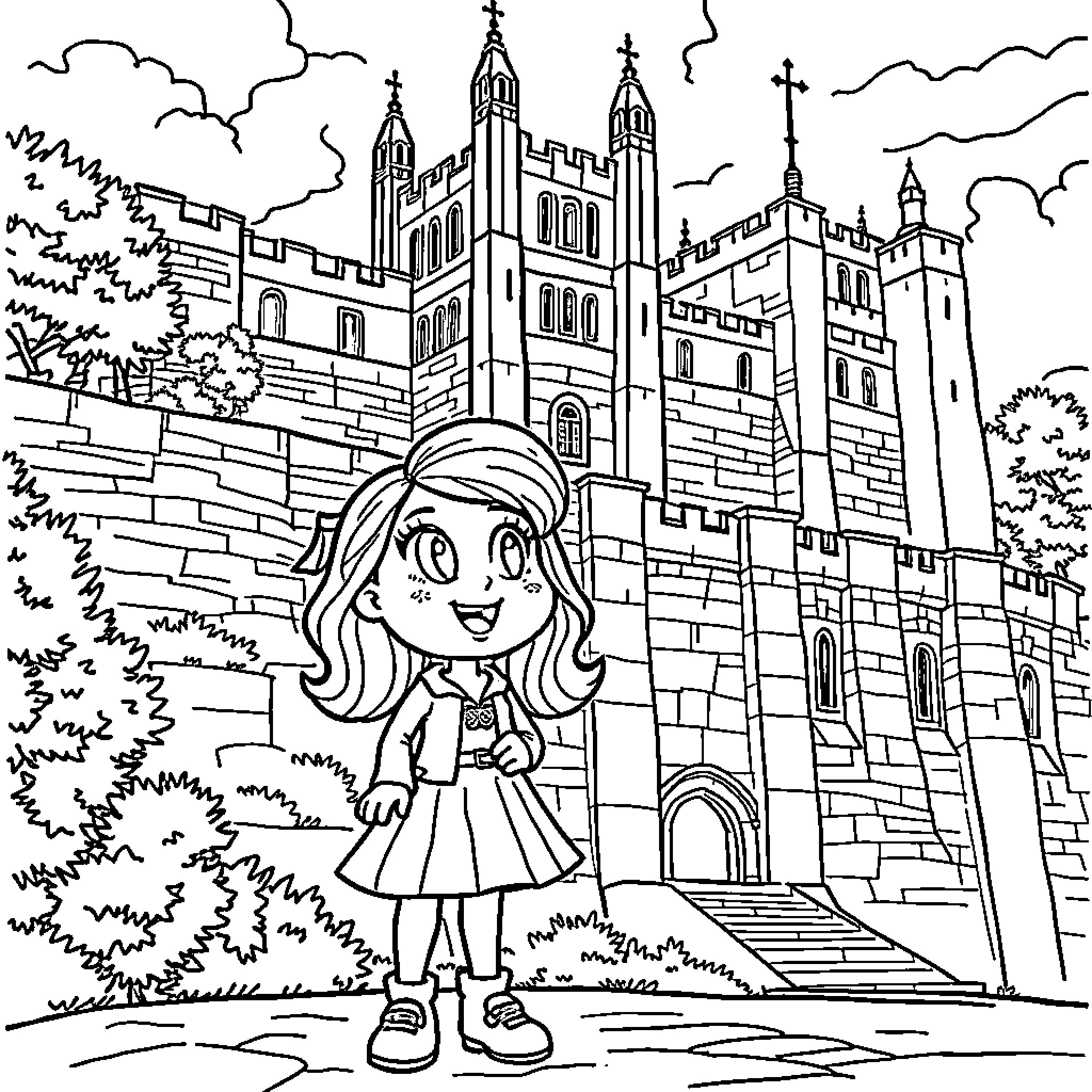 Bluey explores the castle grounds Coloring Page (free black-and-white line drawing printable PDF for all, from beginners to advanced learners, including children, teens, adults, and seniors)