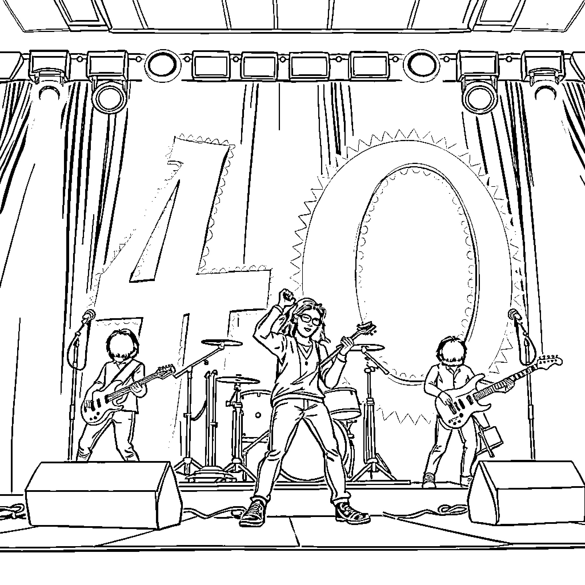 Band performing on stage with unique instruments Coloring Page (free black-and-white line drawing printable PDF for all, from beginners to advanced learners, including children, teens, adults, and seniors)