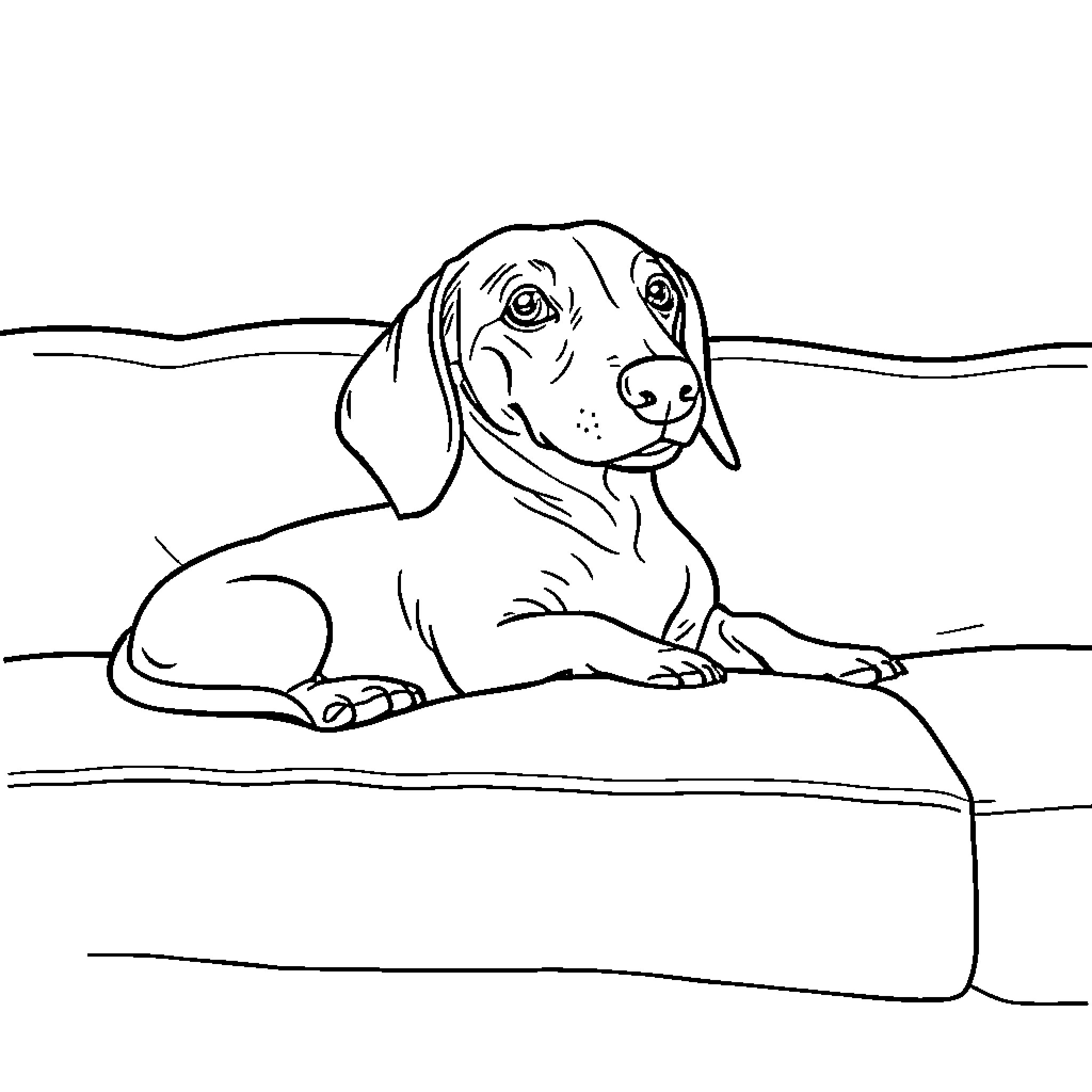 Dachshund resting peacefully on the ground Coloring Page (free black-and-white line drawing printable PDF for all, from beginners to advanced learners, including children, teens, adults, and seniors)