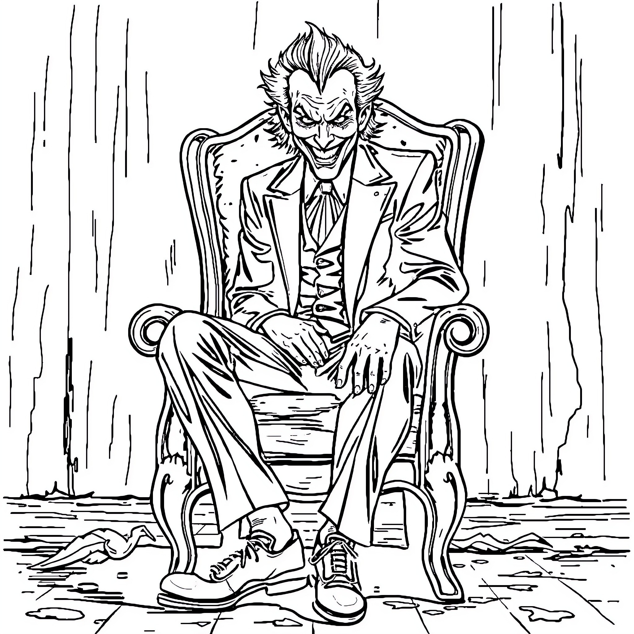 Joker's Sinister Reign on the Throne Coloring Page (free black-and-white line drawing printable PDF for all, from beginners to advanced learners, including children, teens, adults, and seniors)
