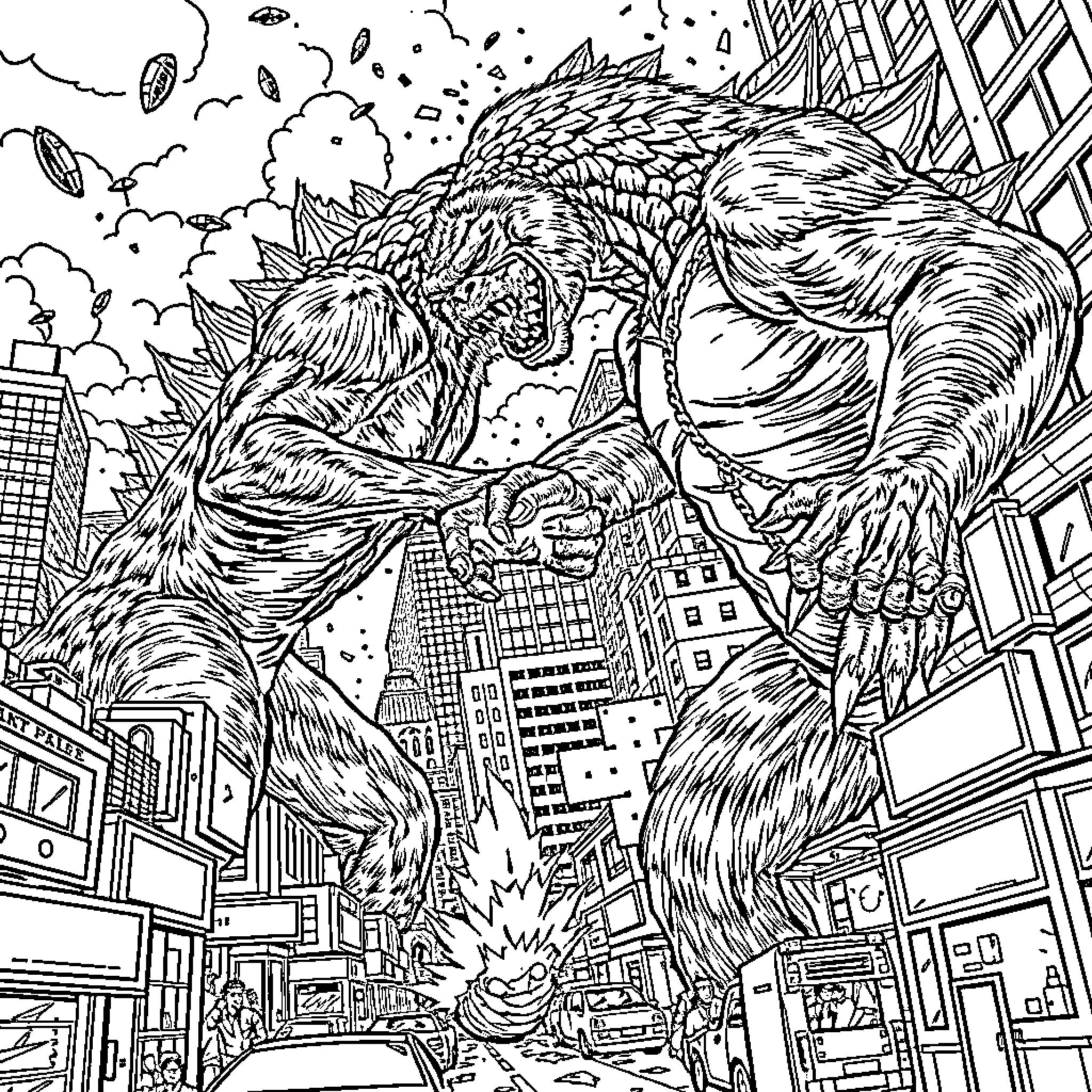 King Kong rampaging through the city skyline Coloring Page (free black-and-white line drawing printable PDF for all, from beginners to advanced learners, including children, teens, adults, and seniors)