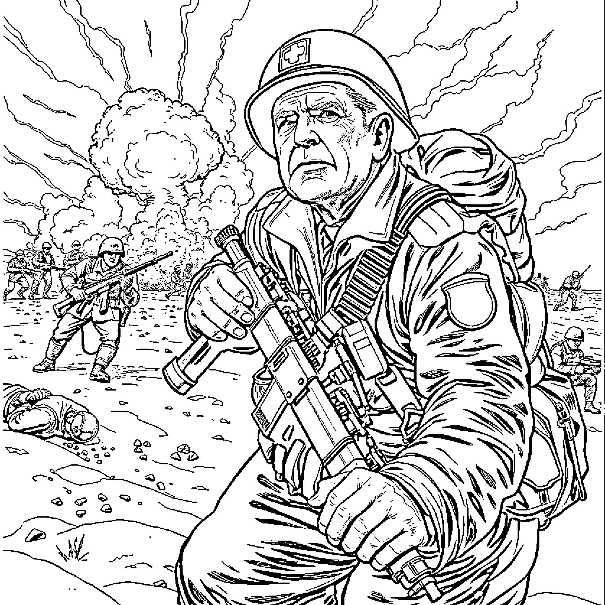 Richard Nixon leading soldiers in combat scene Coloring Page (free black-and-white line drawing printable PDF for all, from beginners to advanced learners, including children, teens, adults, and seniors)