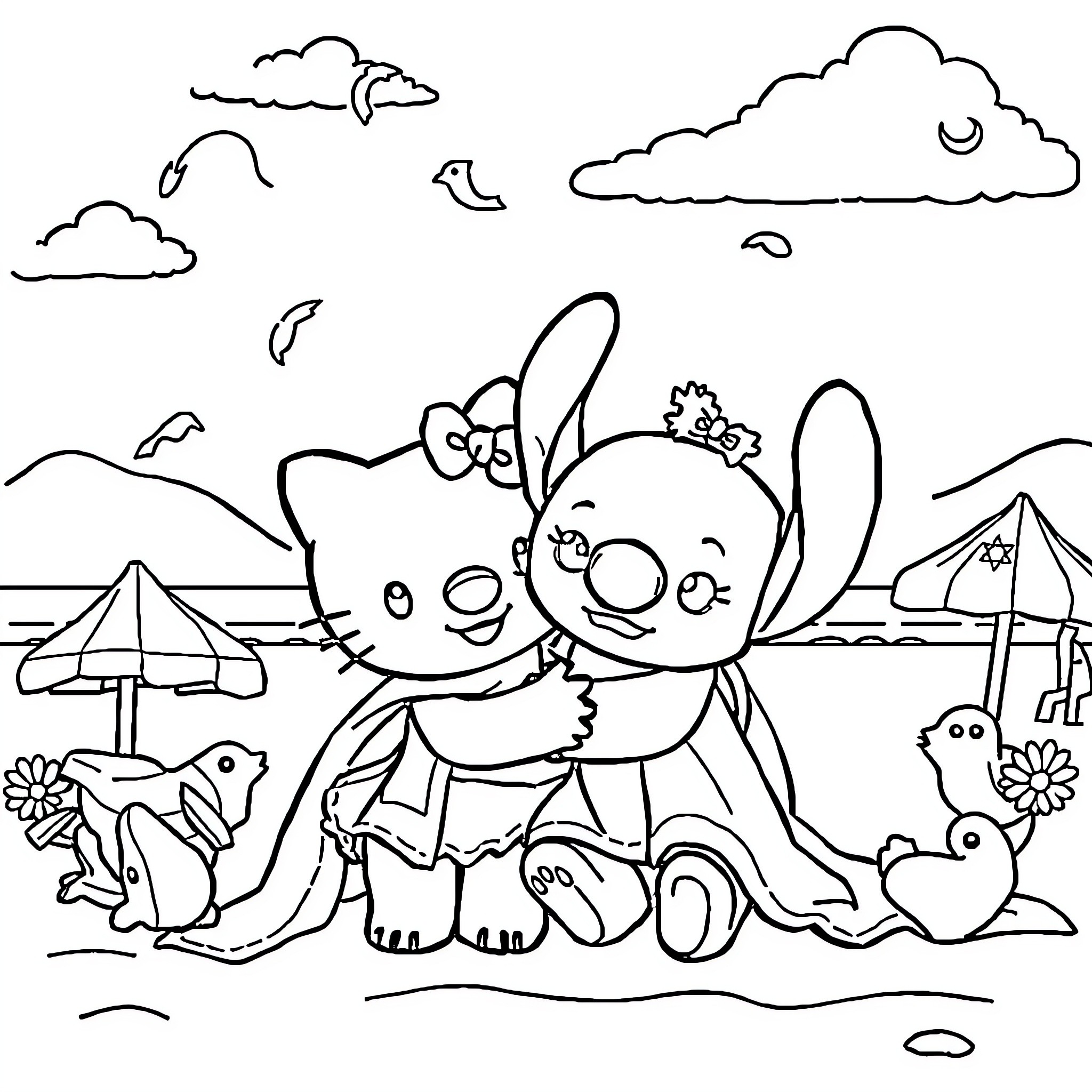 Hello Kitty playing happily with friends at the beach Coloring Page (free black-and-white line drawing printable PDF for all, from beginners to advanced learners, including children, teens, adults, and seniors)