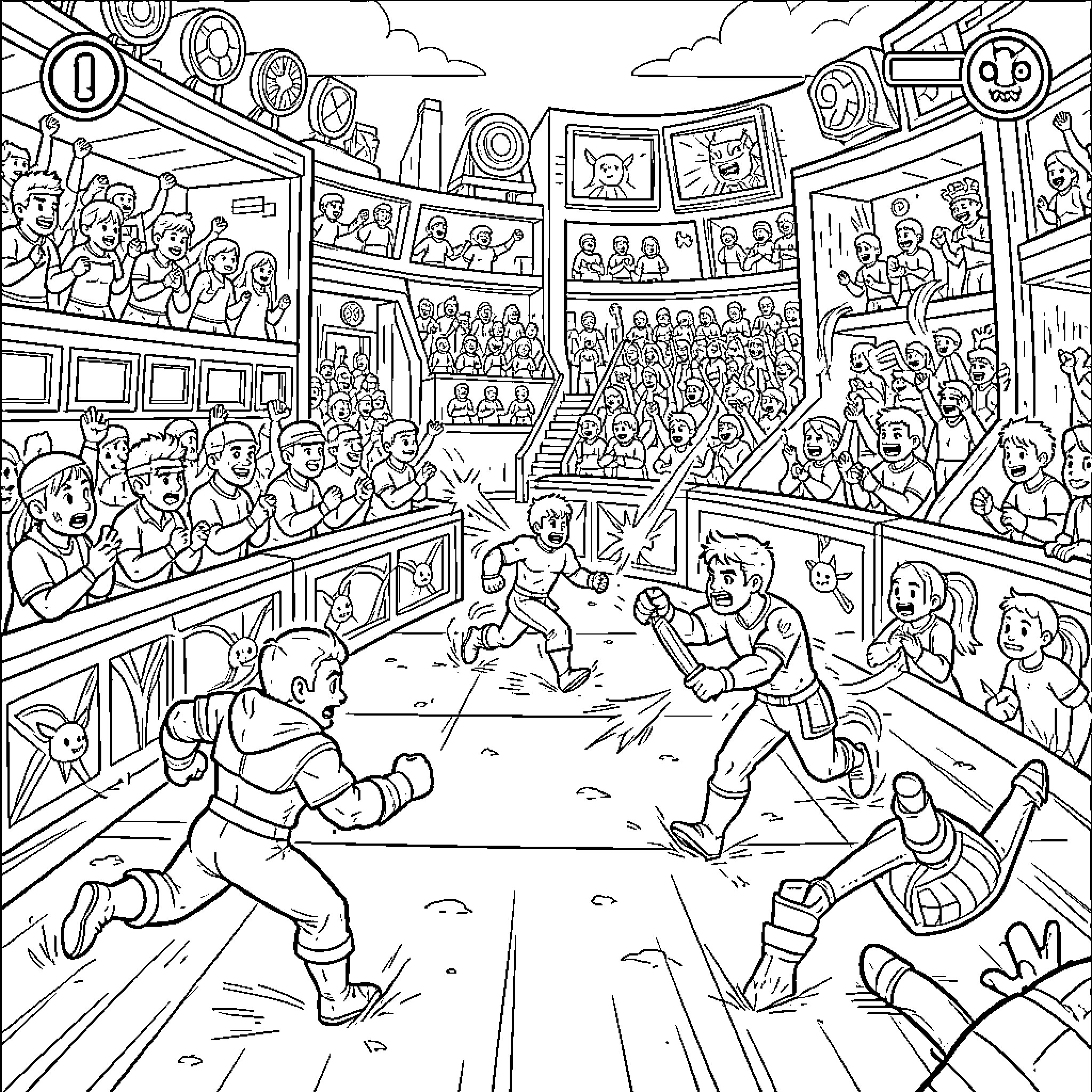 Brawl Stars characters battling intensely in a crowded arena Coloring Page (free black-and-white line drawing printable PDF for all, from beginners to advanced learners, including children, teens, adults, and seniors)