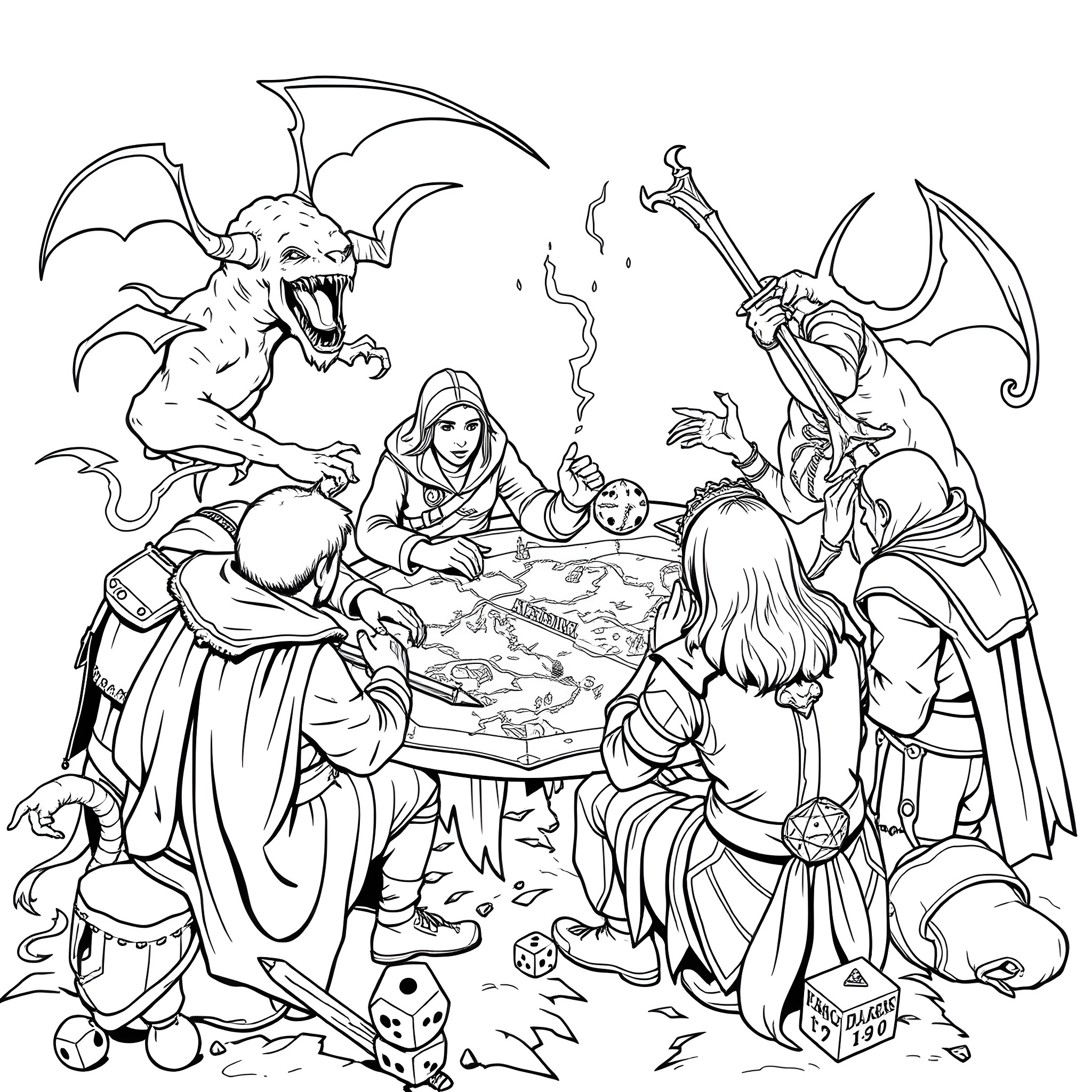Dnd Players Gathering for a Tabletop Adventure Coloring Page (free black-and-white line drawing printable PDF for all, from beginners to advanced learners, including children, teens, adults, and seniors)