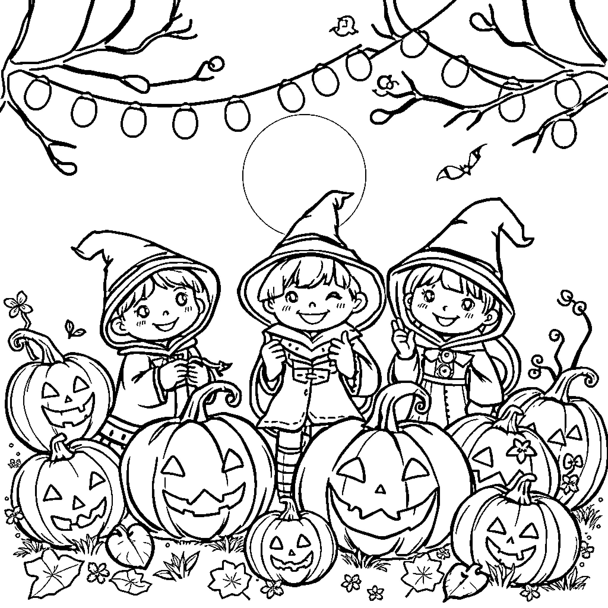 Samhain celebration with children in costumes and jack-o'-lanterns Coloring Page (free black-and-white line drawing printable PDF for all, from beginners to advanced learners, including children, teens, adults, and seniors)