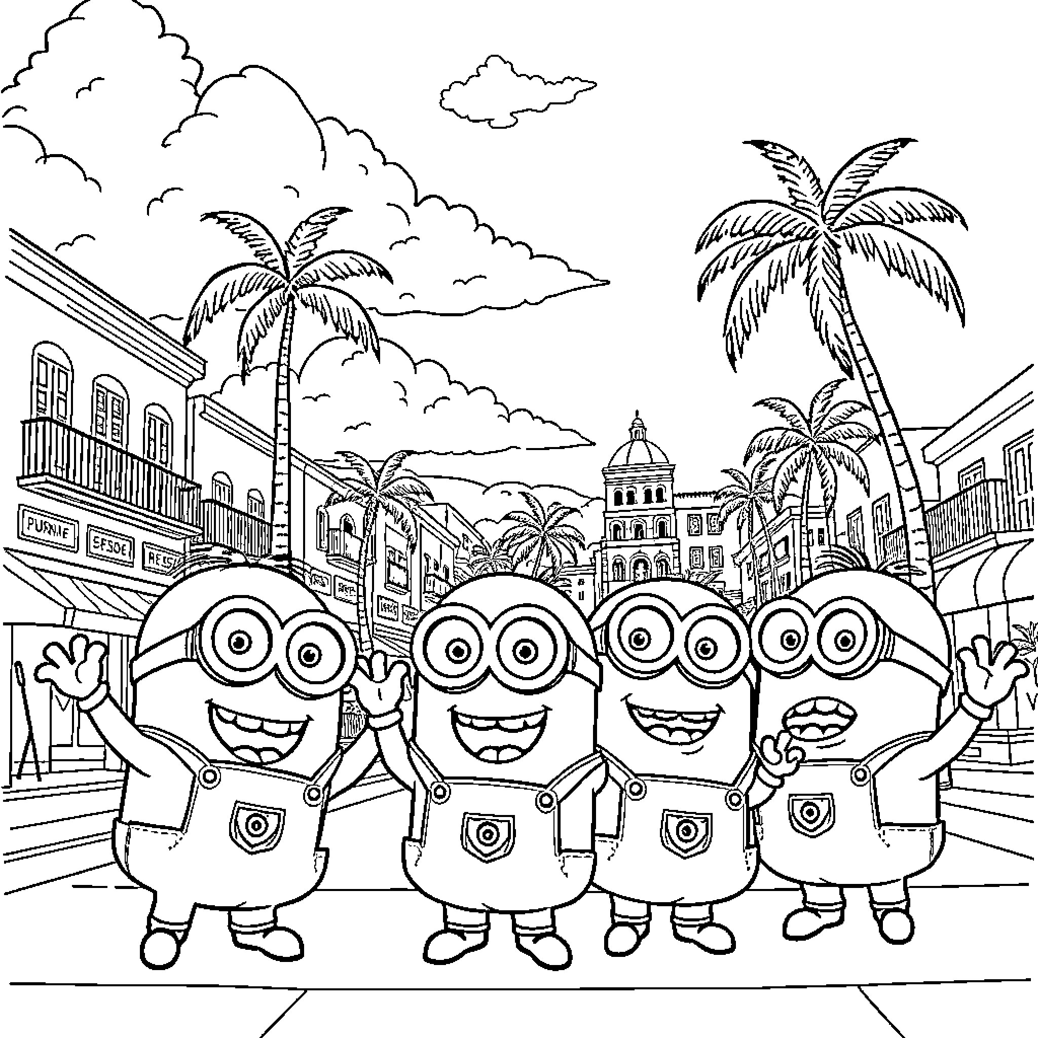 Minions having fun in a tropical city Coloring Page (free black-and-white line drawing printable PDF for all, from beginners to advanced learners, including children, teens, adults, and seniors)