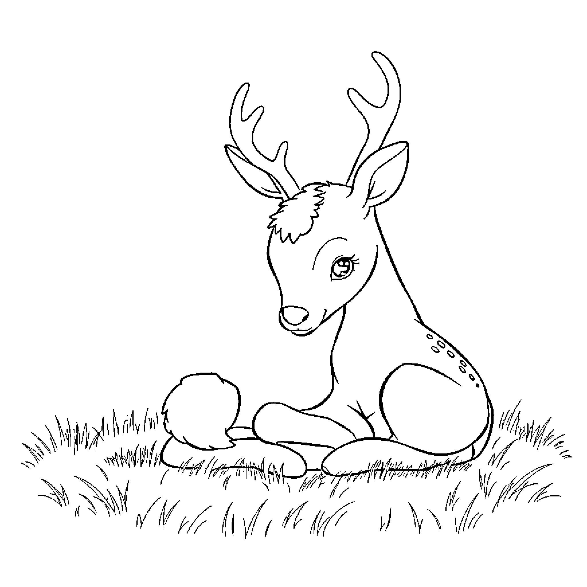 Reindeer resting peacefully in the grass Coloring Page (free black-and-white line drawing printable PDF for all, from beginners to advanced learners, including children, teens, adults, and seniors)