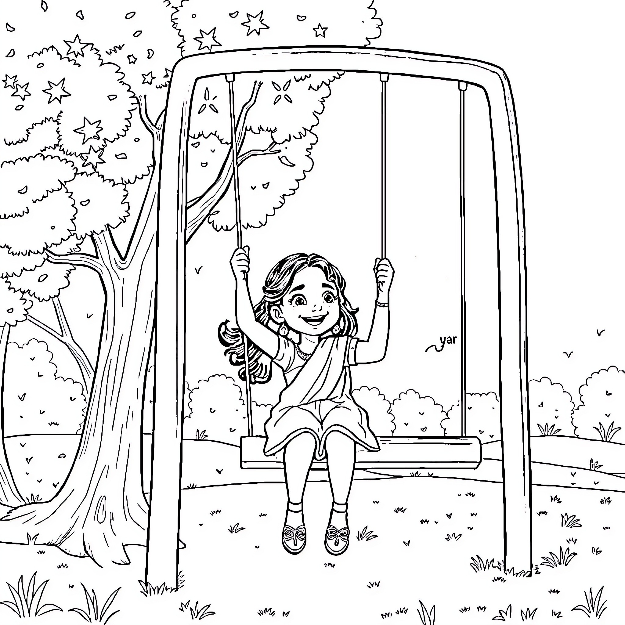 Girl enjoying a swing in a tranquil forest setting Coloring Page (free black-and-white line drawing printable PDF for all, from beginners to advanced learners, including children, teens, adults, and seniors)